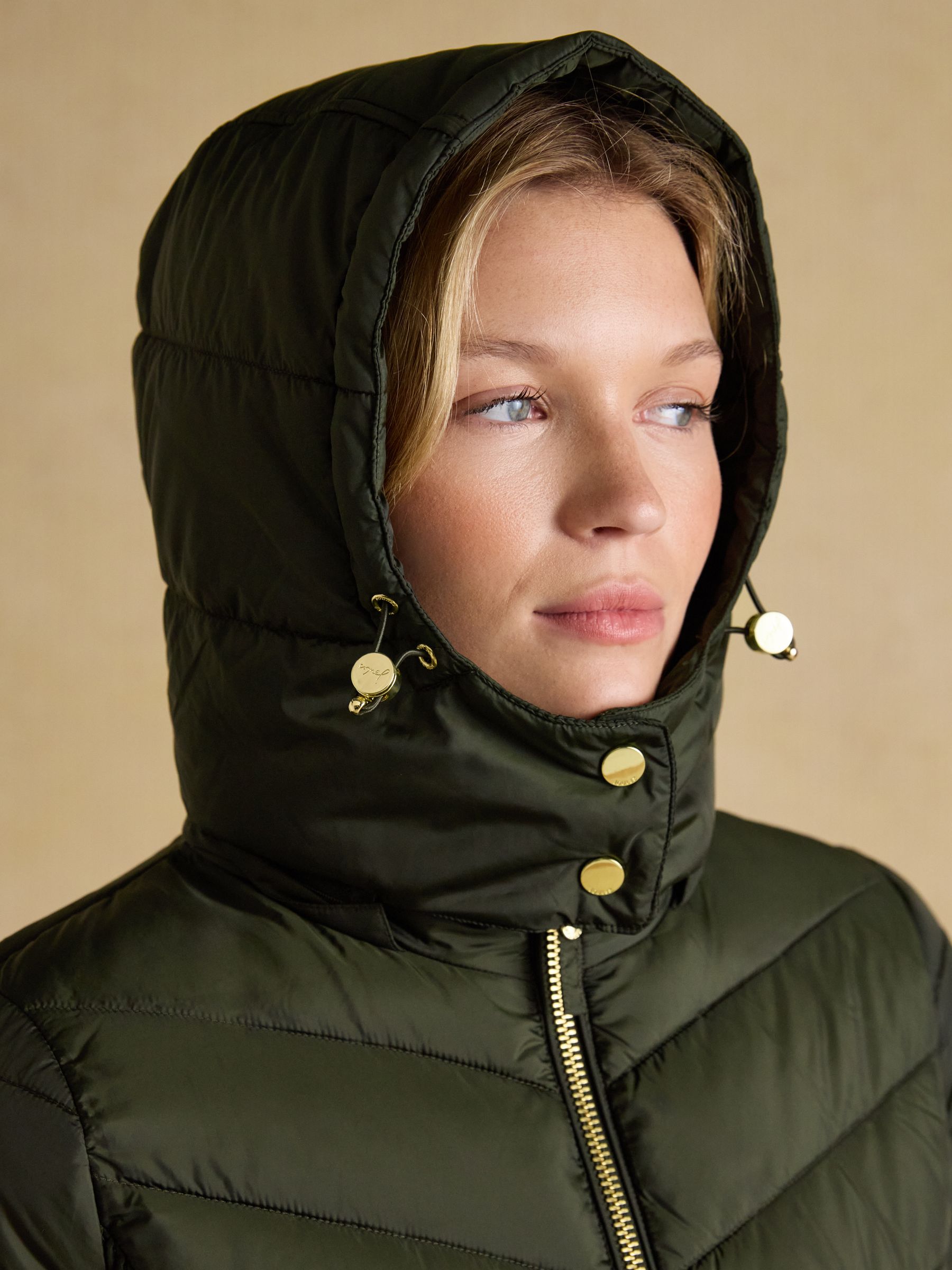 Pembury Khaki Green Showerproof Longline Padded Coat with Hood - Image 4 of 11