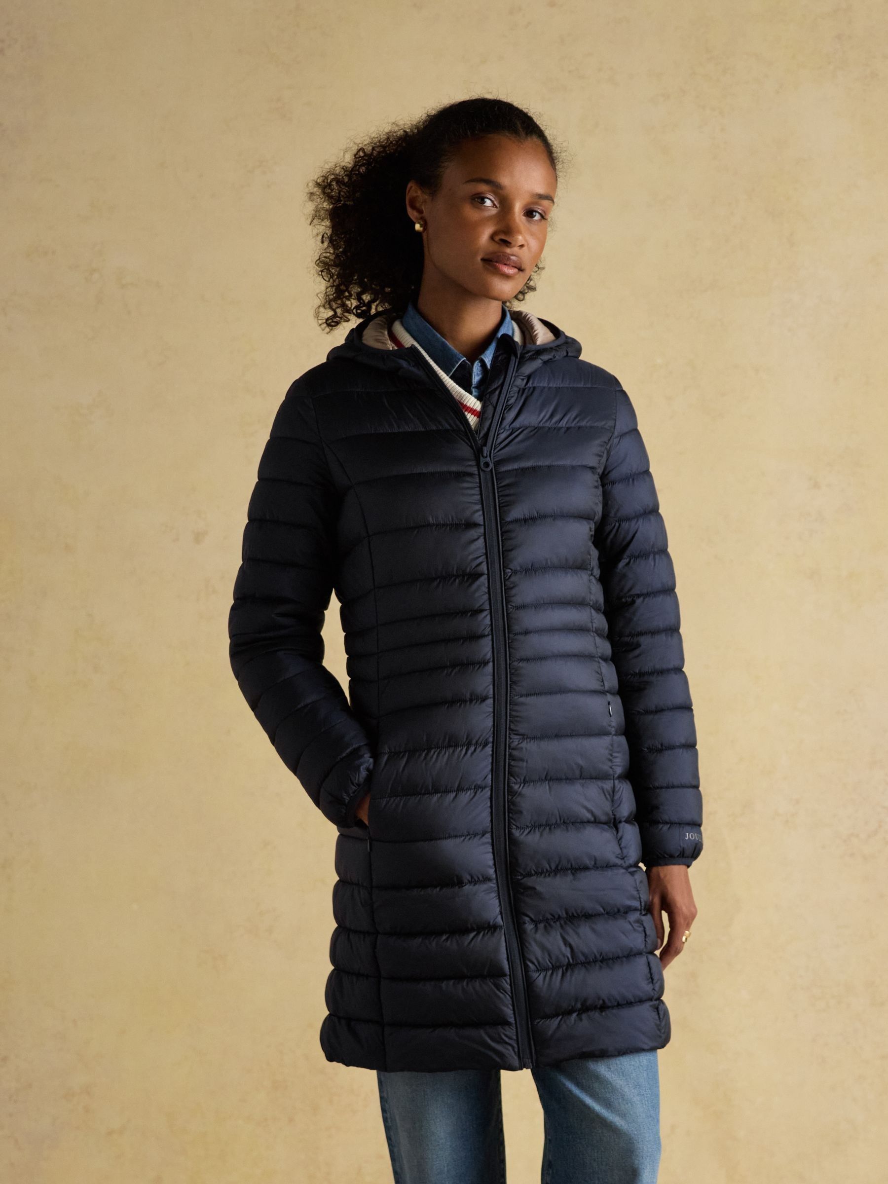 Kenley Navy Showerproof Long Padded Coat with Hood | Joules