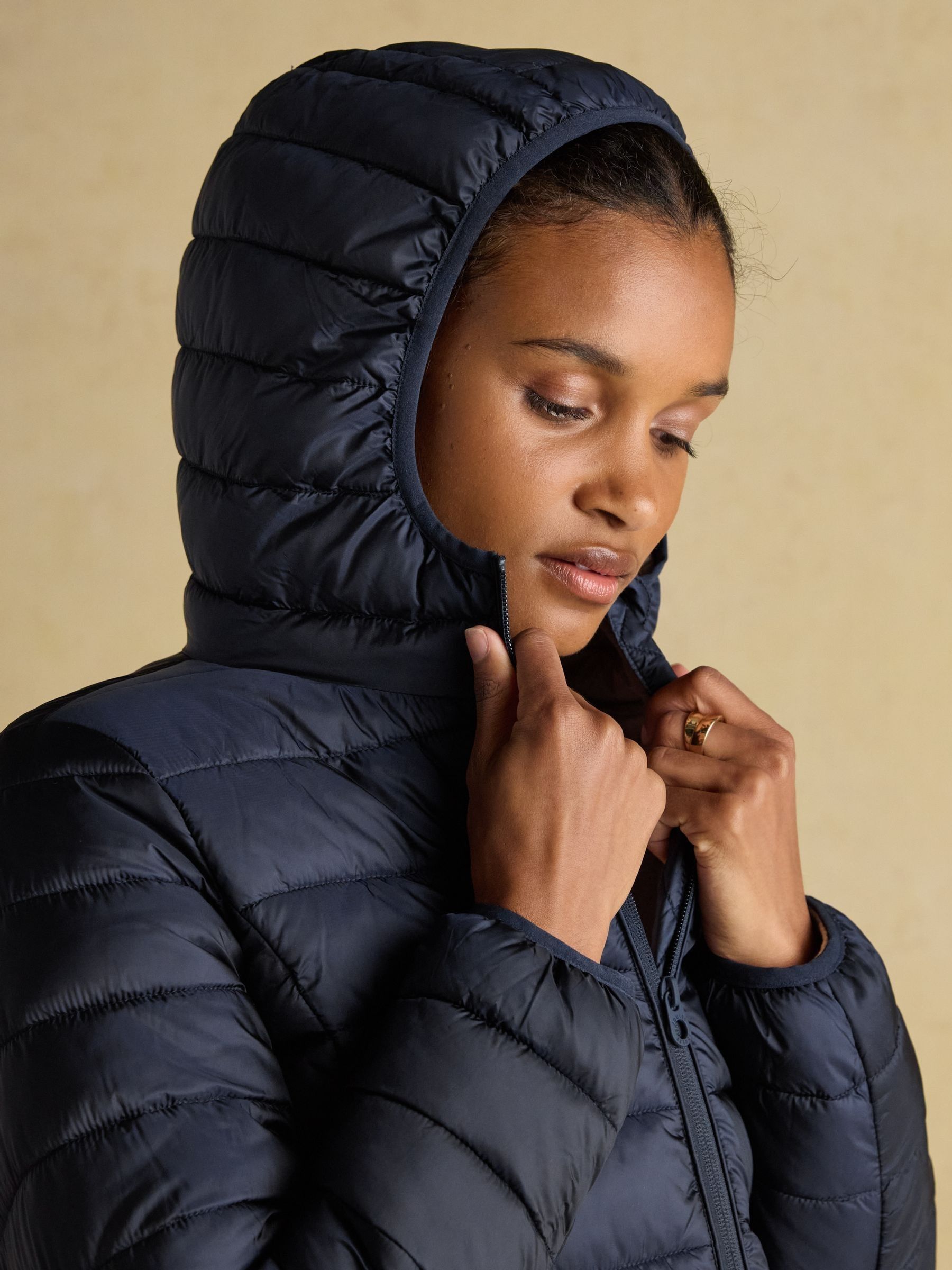 Kenley Navy Showerproof Long Padded Coat with Hood | Joules