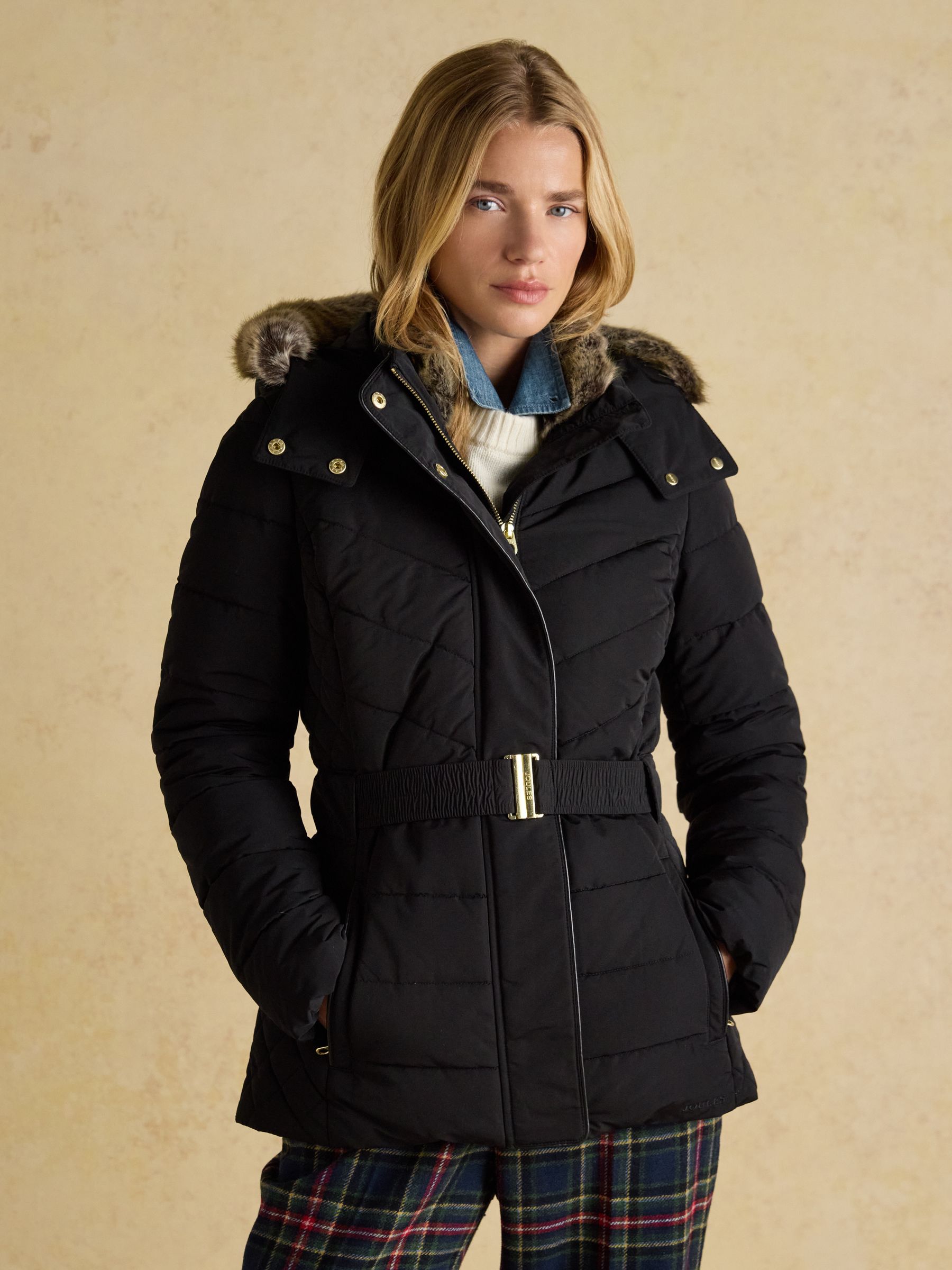 Aspen Black Showerproof Padded Coat with Faux Fur Hood - Image 1 of 12