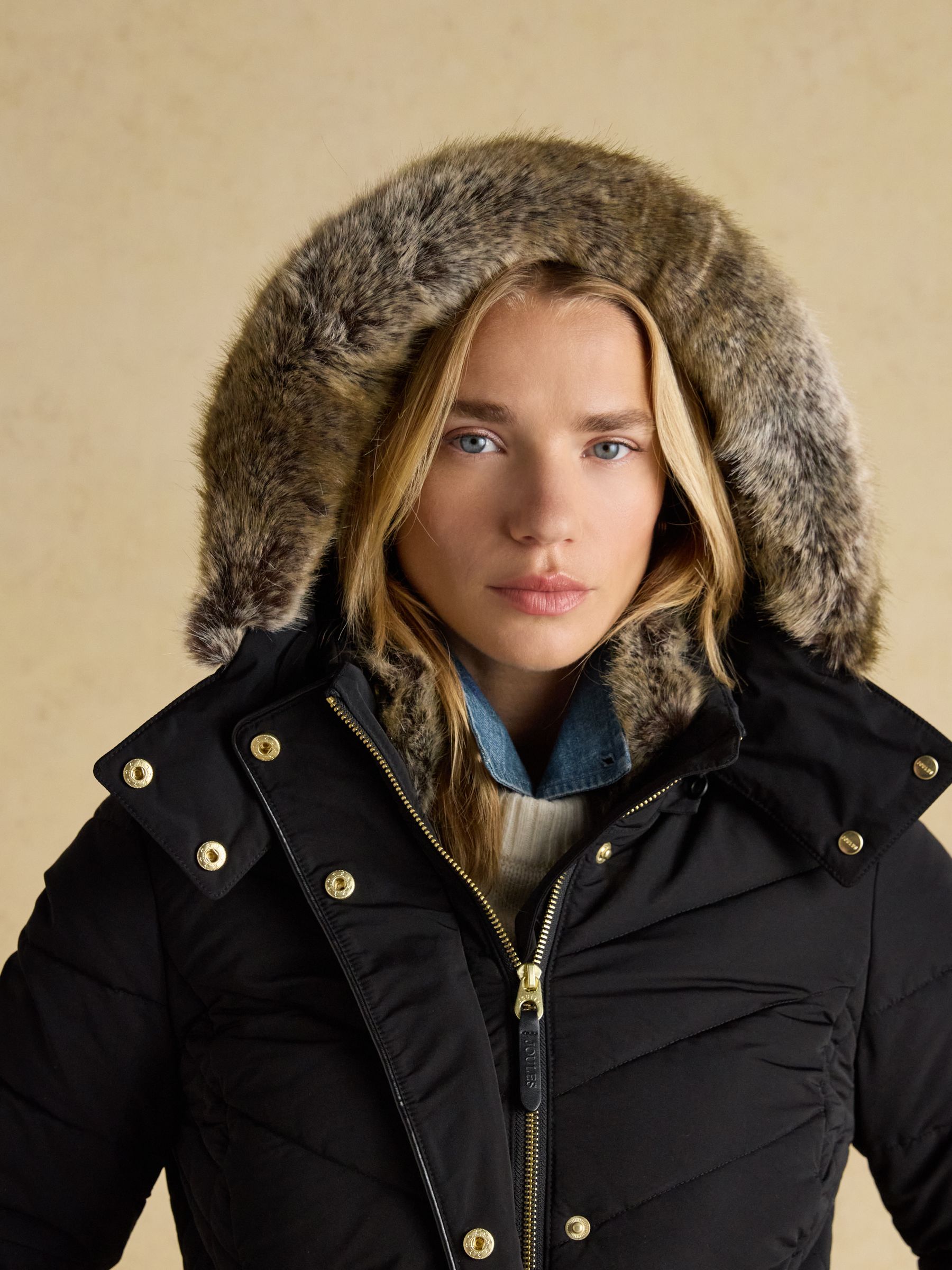 Aspen Black Showerproof Padded Coat with Faux Fur Hood - Image 5 of 12
