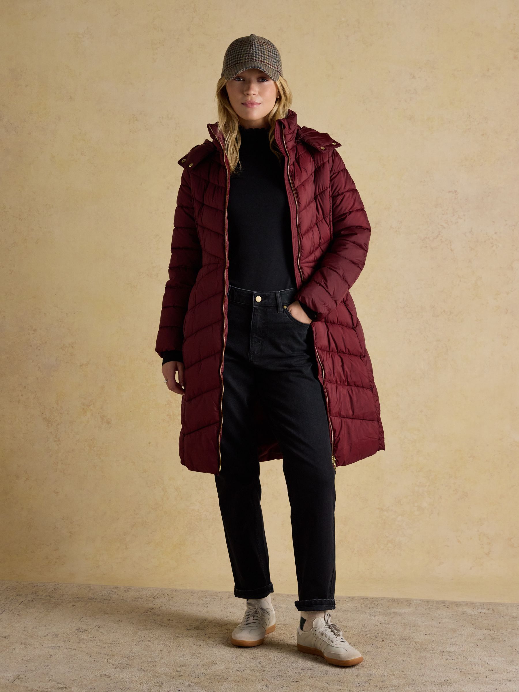Pembury Burgundy Red Showerproof Longline Padded Coat with Hood - Image 6 of 11