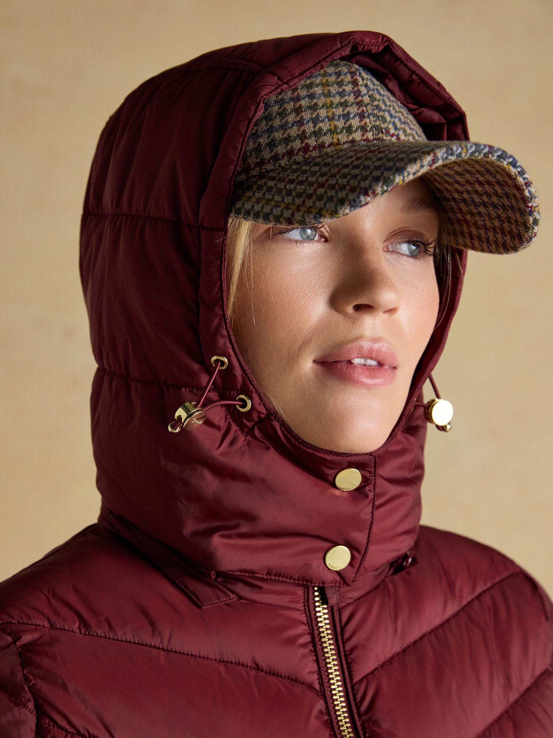 Pembury Burgundy Red Showerproof Longline Padded Coat with Hood - Image 9 of 11