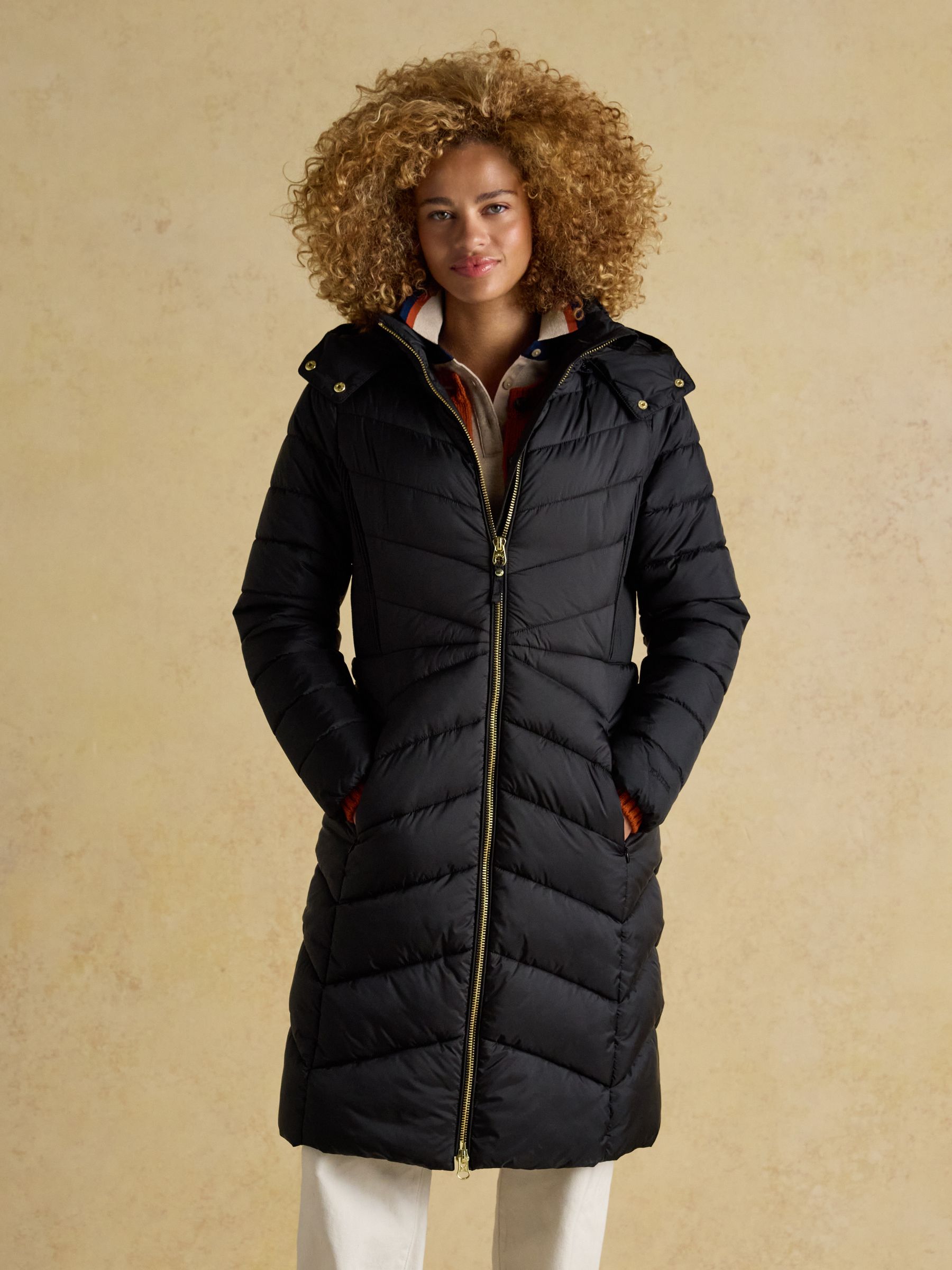 Pembury Black Showerproof Longline Padded Coat with Hood Joules
