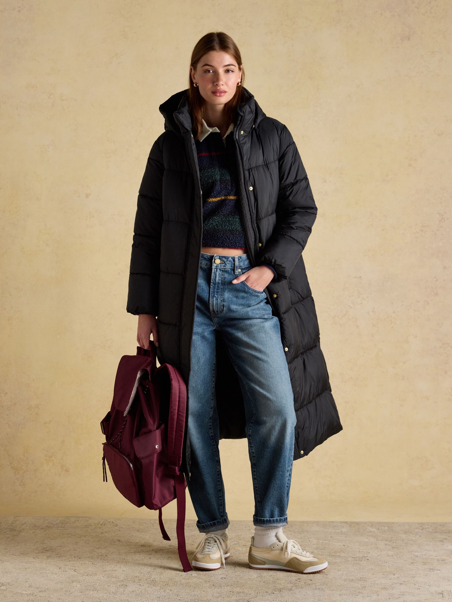 Pitchside Black Longline Showerproof Padded Coat | Joules