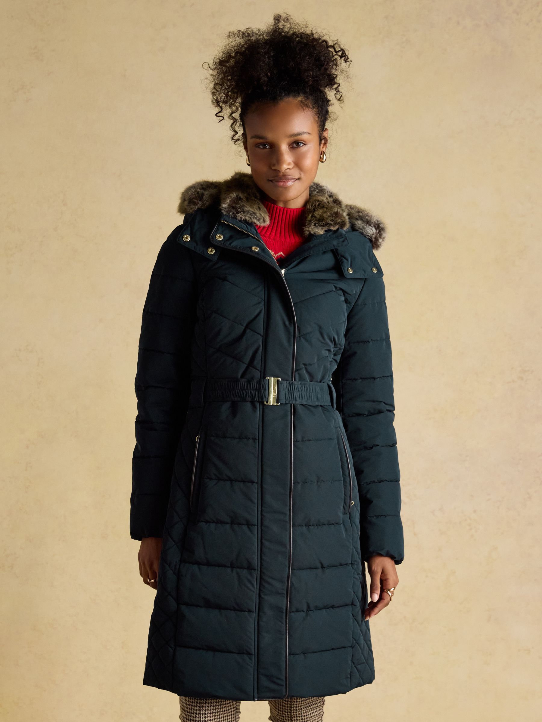 Aspen Navy Showerproof Longline Padded Coat with Faux Fur Hood - Image 1 of 15