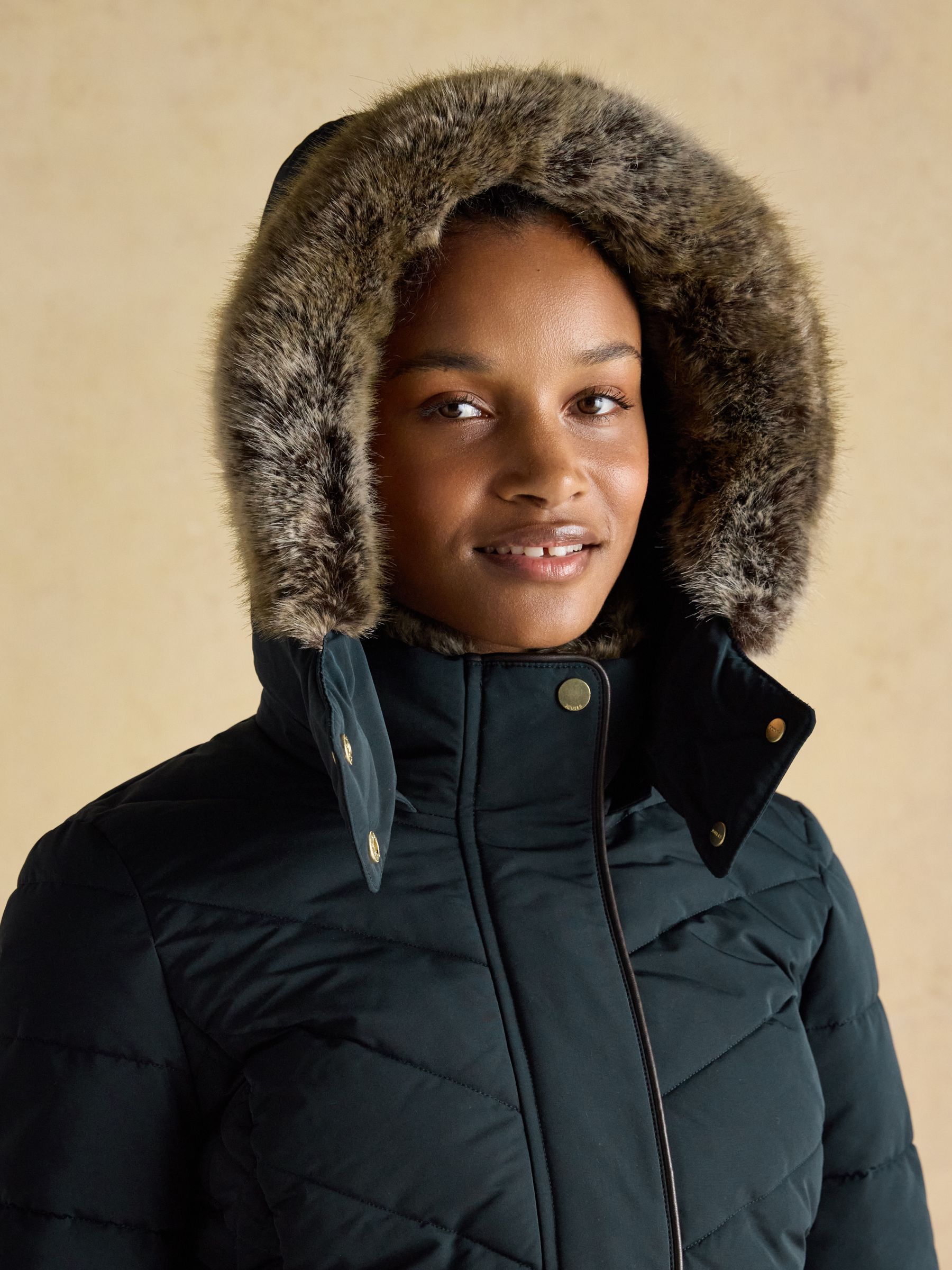 Aspen Navy Showerproof Longline Padded Coat with Faux Fur Hood - Image 10 of 15