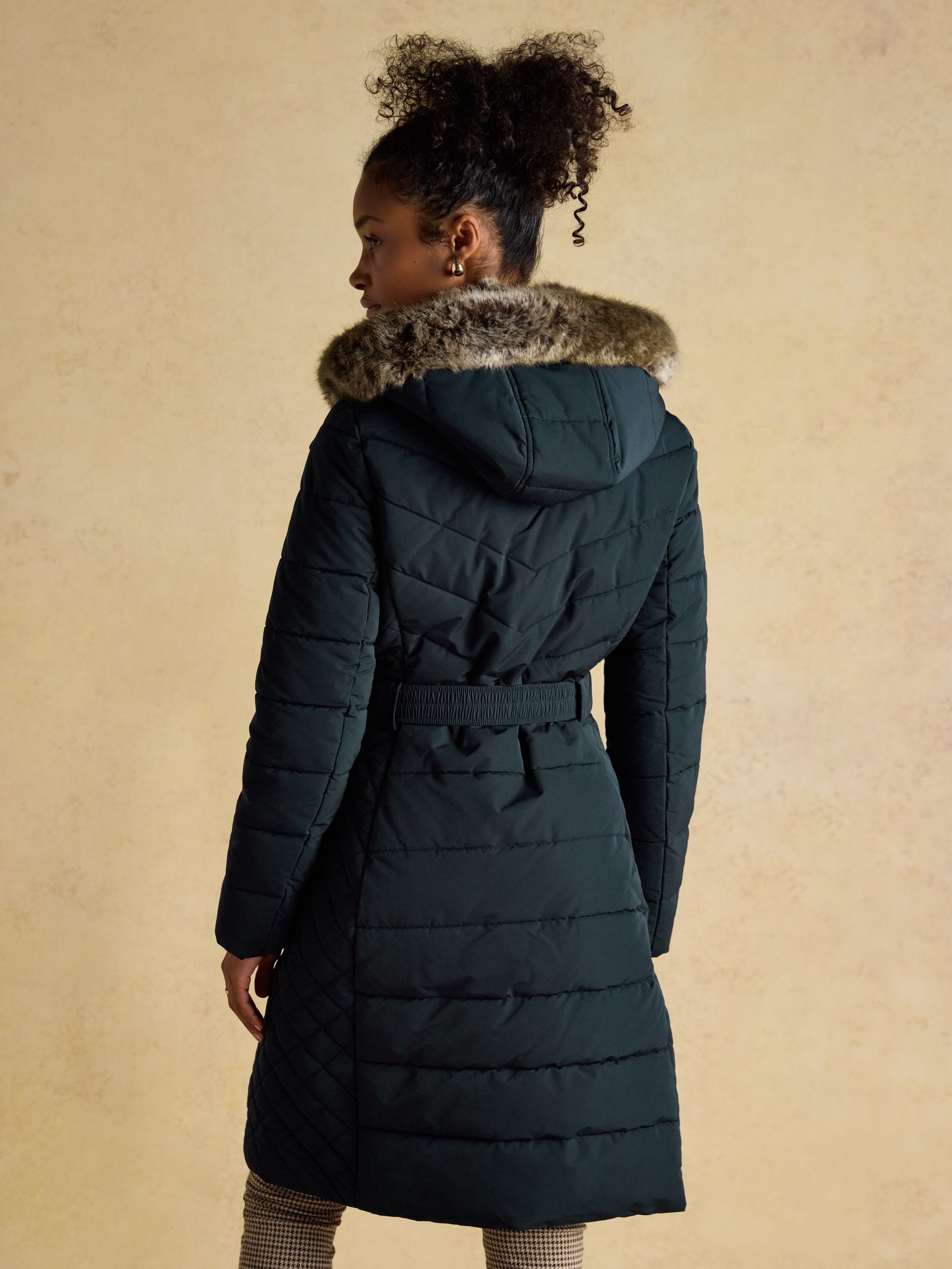 Aspen Navy Showerproof Longline Padded Coat with Faux Fur Hood - Image 2 of 15