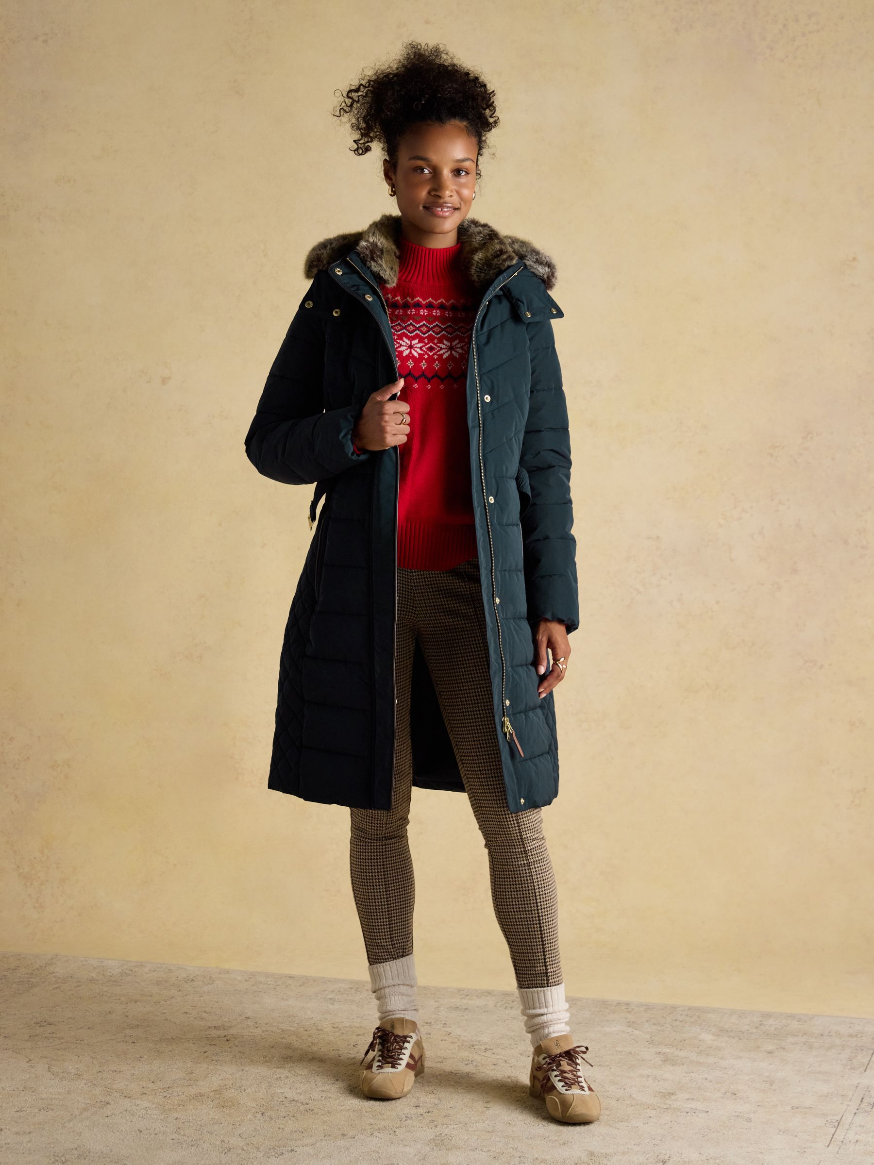 Aspen Navy Showerproof Longline Padded Coat with Faux Fur Hood - Image 4 of 15