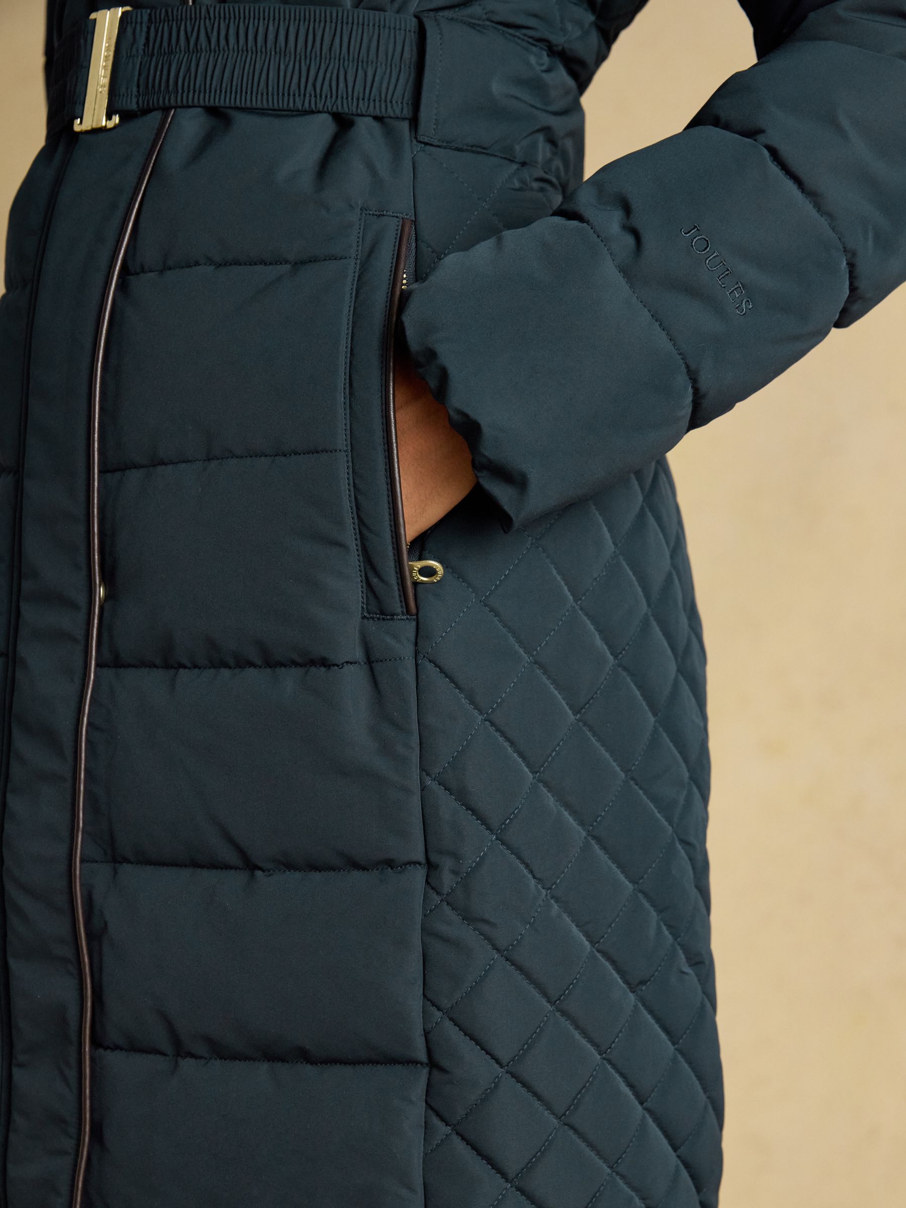 Aspen Navy Showerproof Longline Padded Coat with Faux Fur Hood - Image 5 of 15