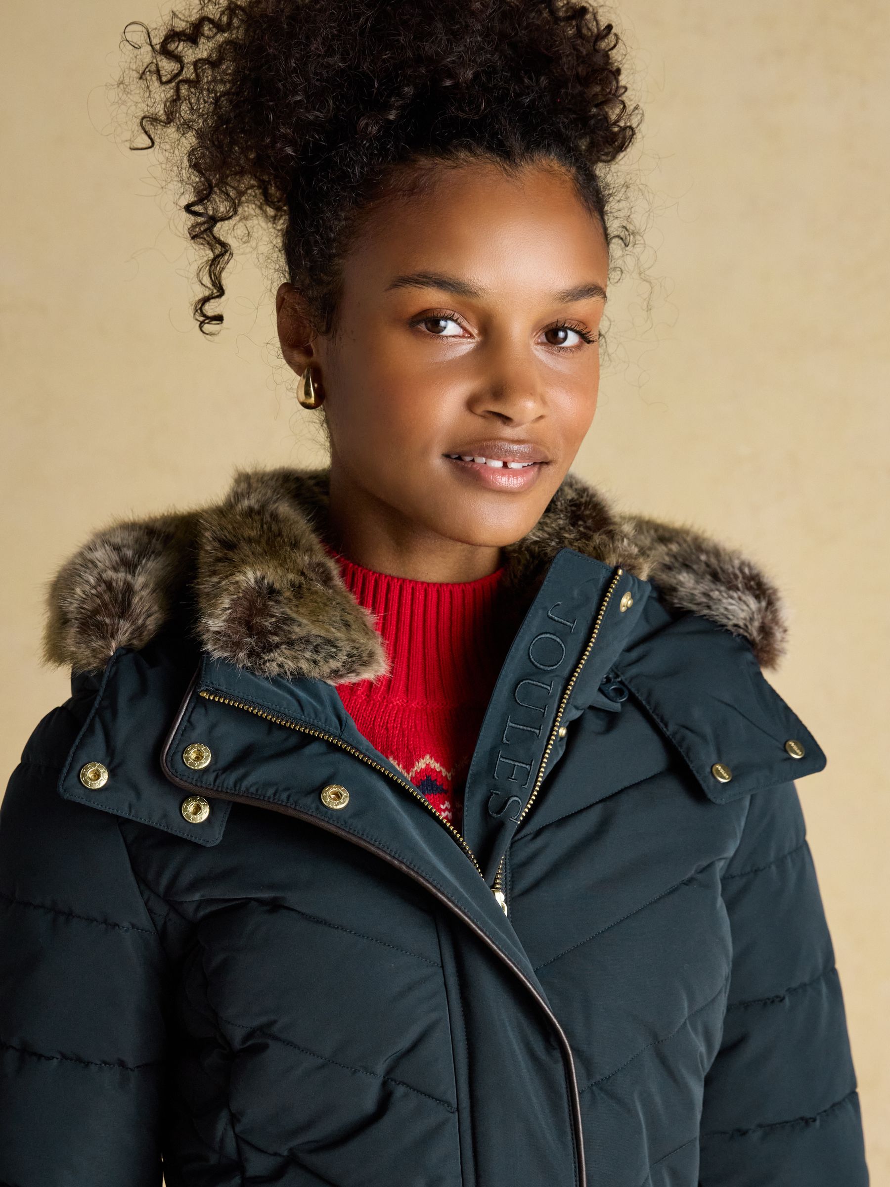 Aspen Navy Showerproof Longline Padded Coat with Faux Fur Hood - Image 6 of 15