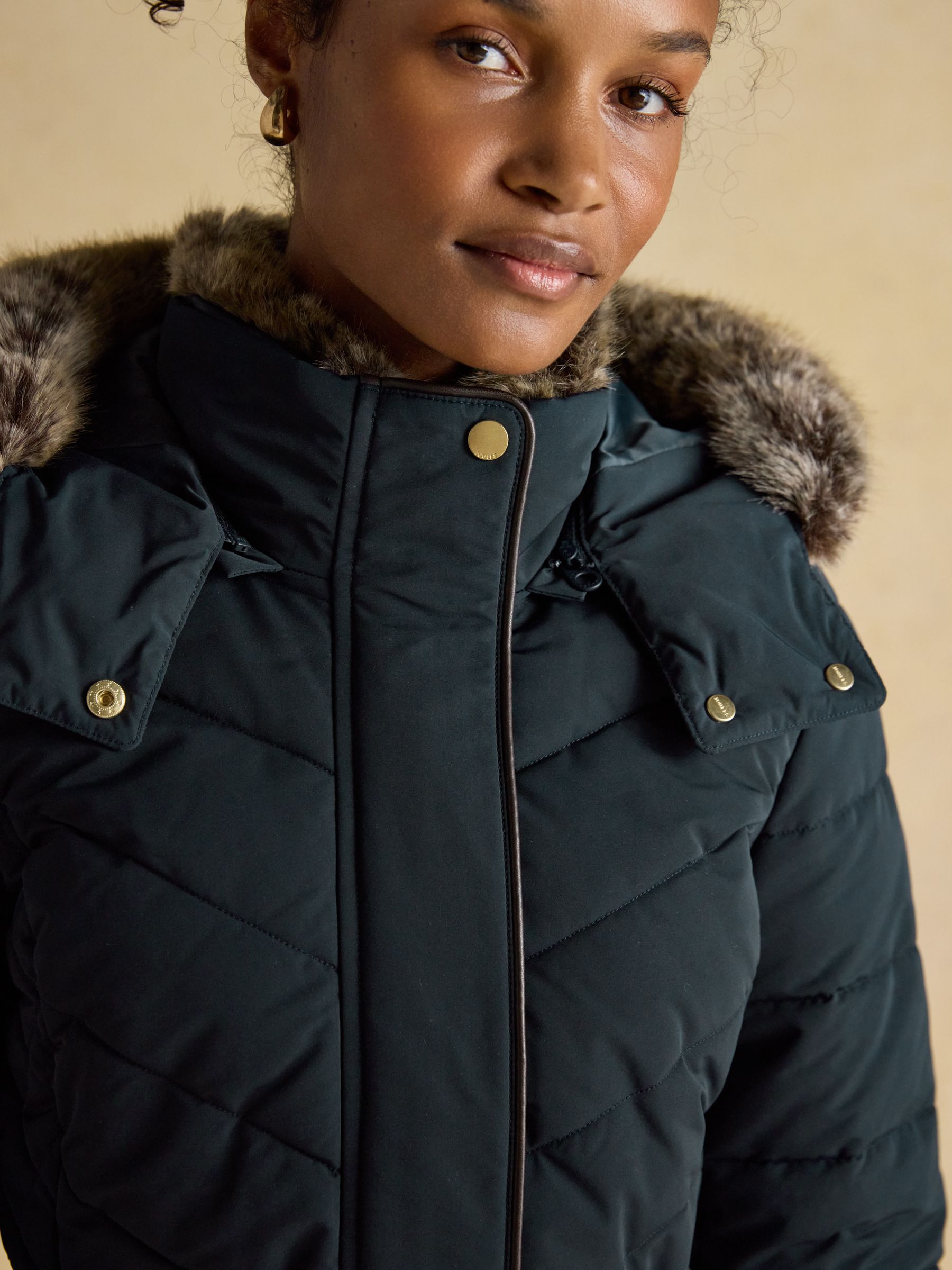 Aspen Navy Showerproof Longline Padded Coat with Faux Fur Hood - Image 8 of 15