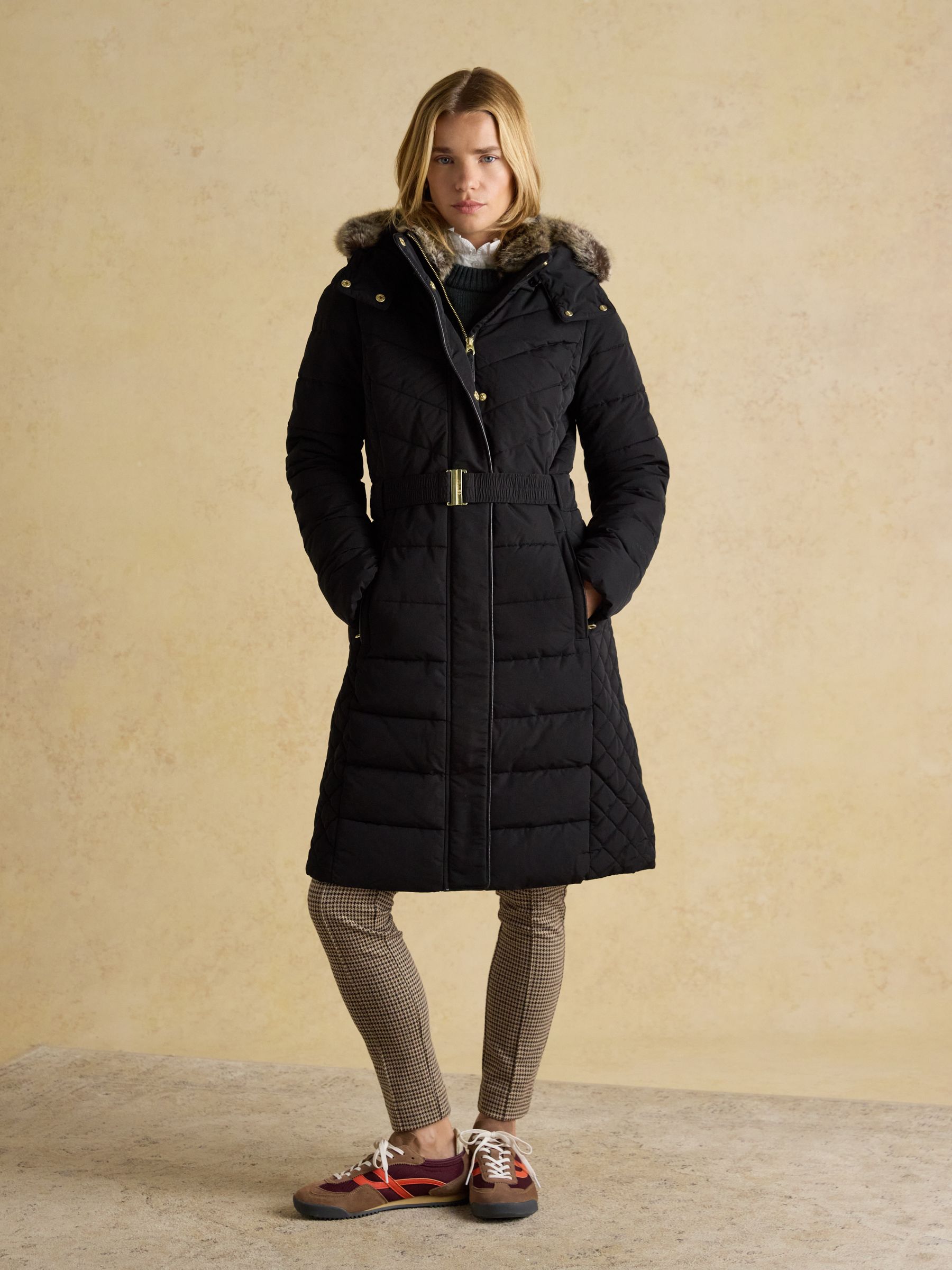 Aspen Black Showerproof Longline Padded Coat with Faux Fur Hood - Image 1 of 14