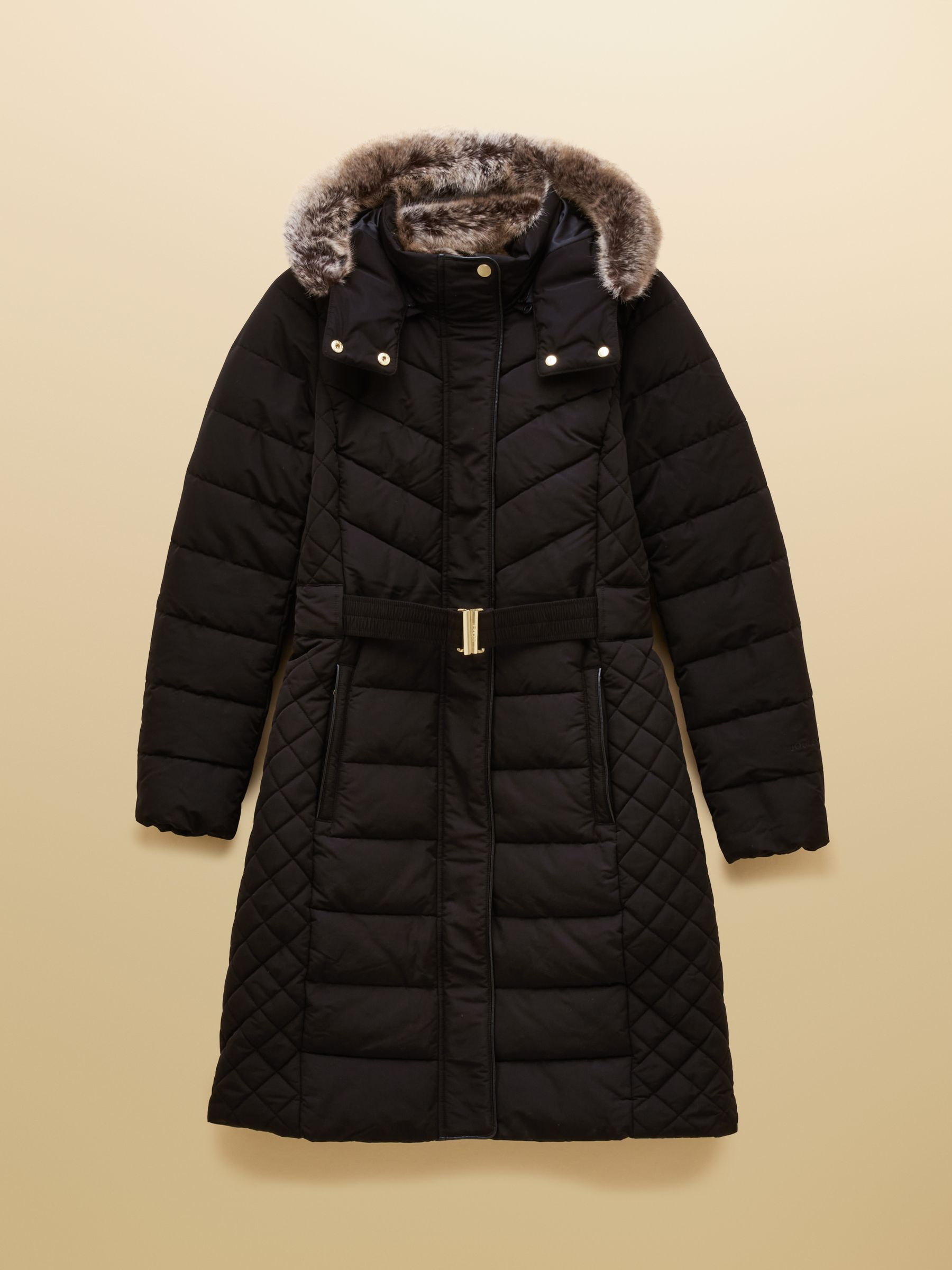 Aspen Black Showerproof Longline Padded Coat with Faux Fur Hood - Image 14 of 14