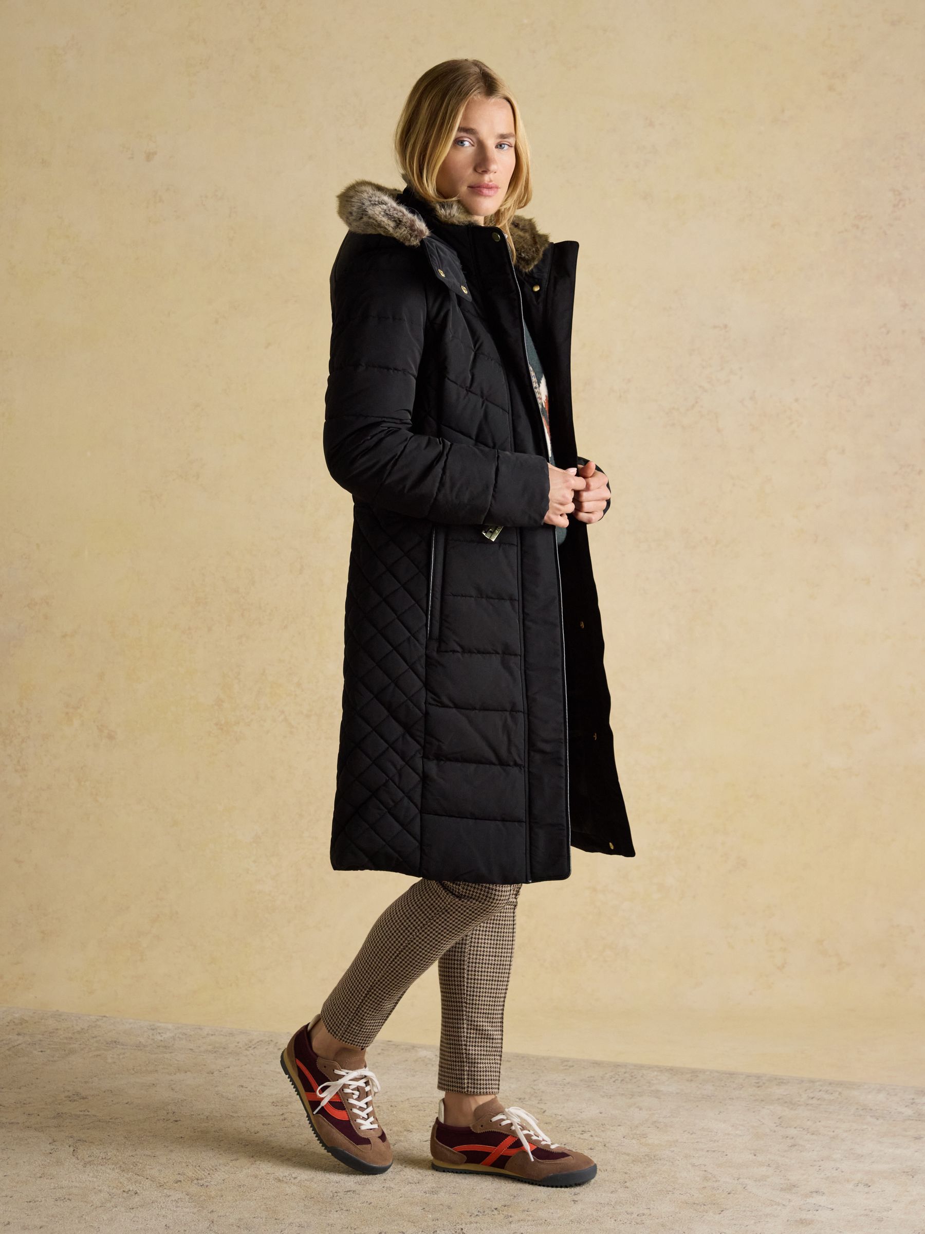 Aspen Black Showerproof Longline Padded Coat with Faux Fur Hood - Image 5 of 14