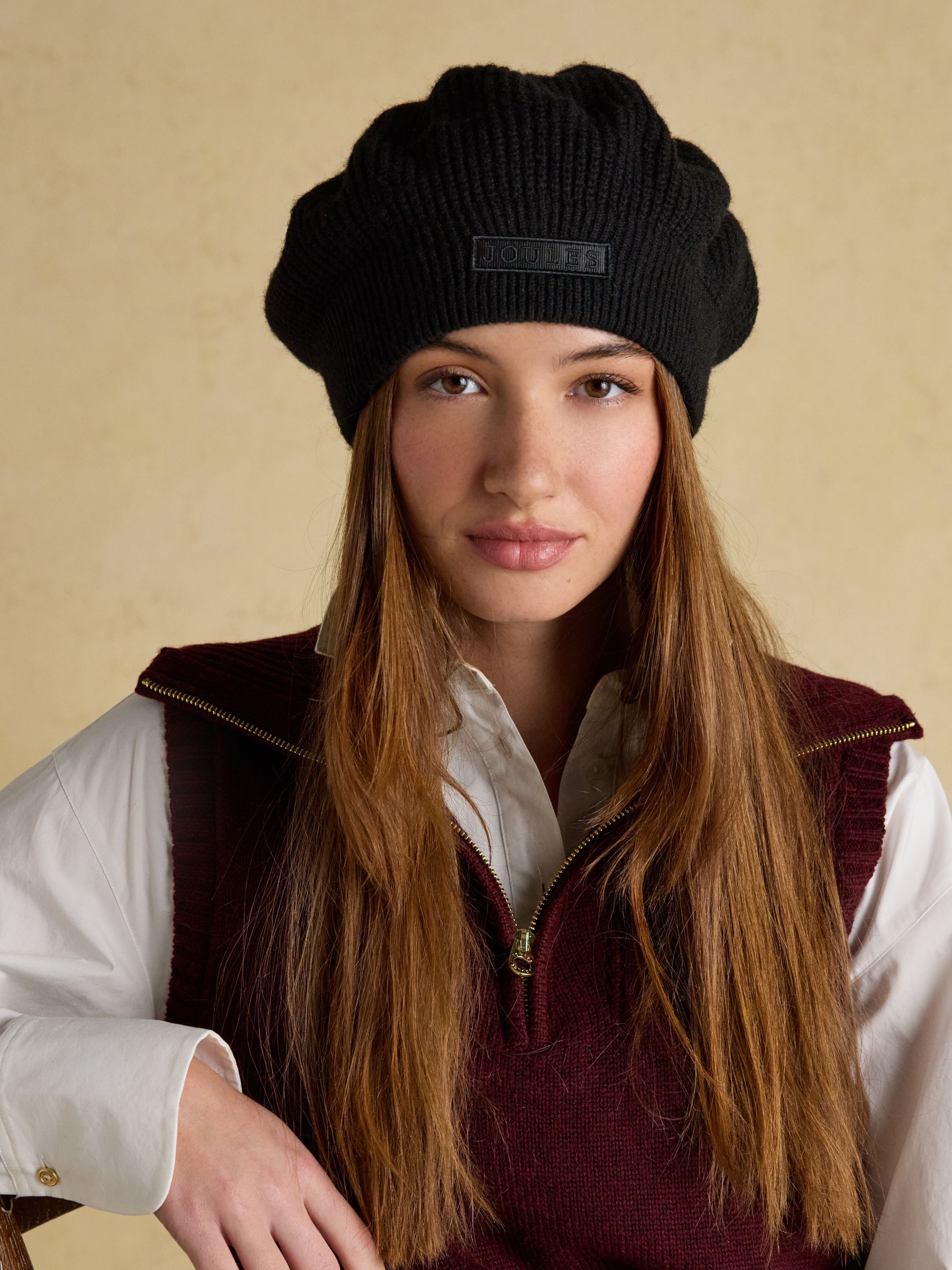 Joelle Black Ribbed Knitted Beret | Joules