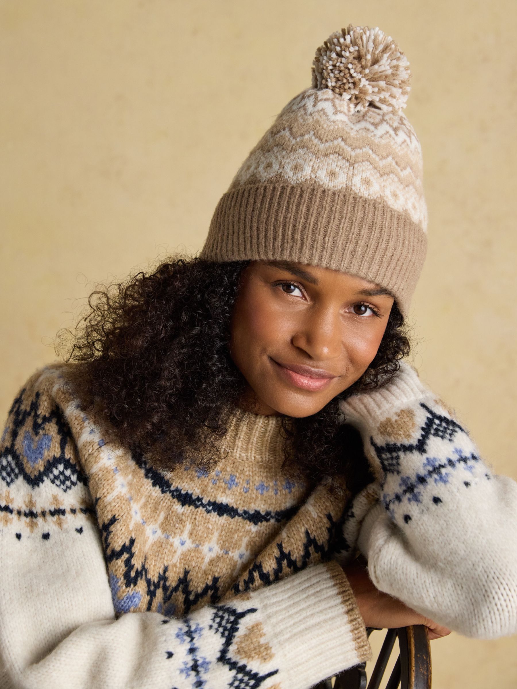 Kara Neutral Fair Isle Bobble Beanie Hat - Image 1 of 7