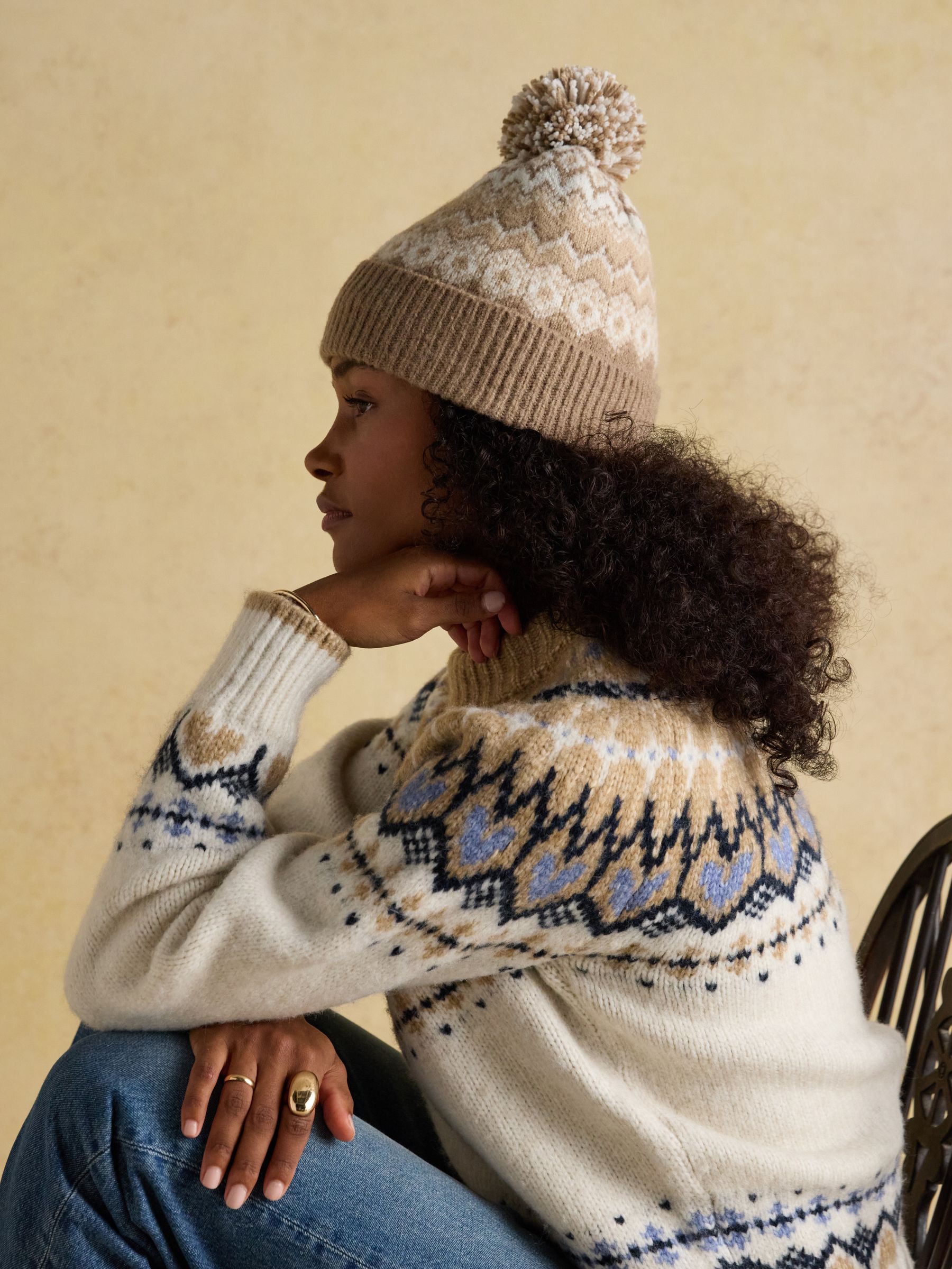 Kara Neutral Fair Isle Bobble Beanie Hat - Image 3 of 7