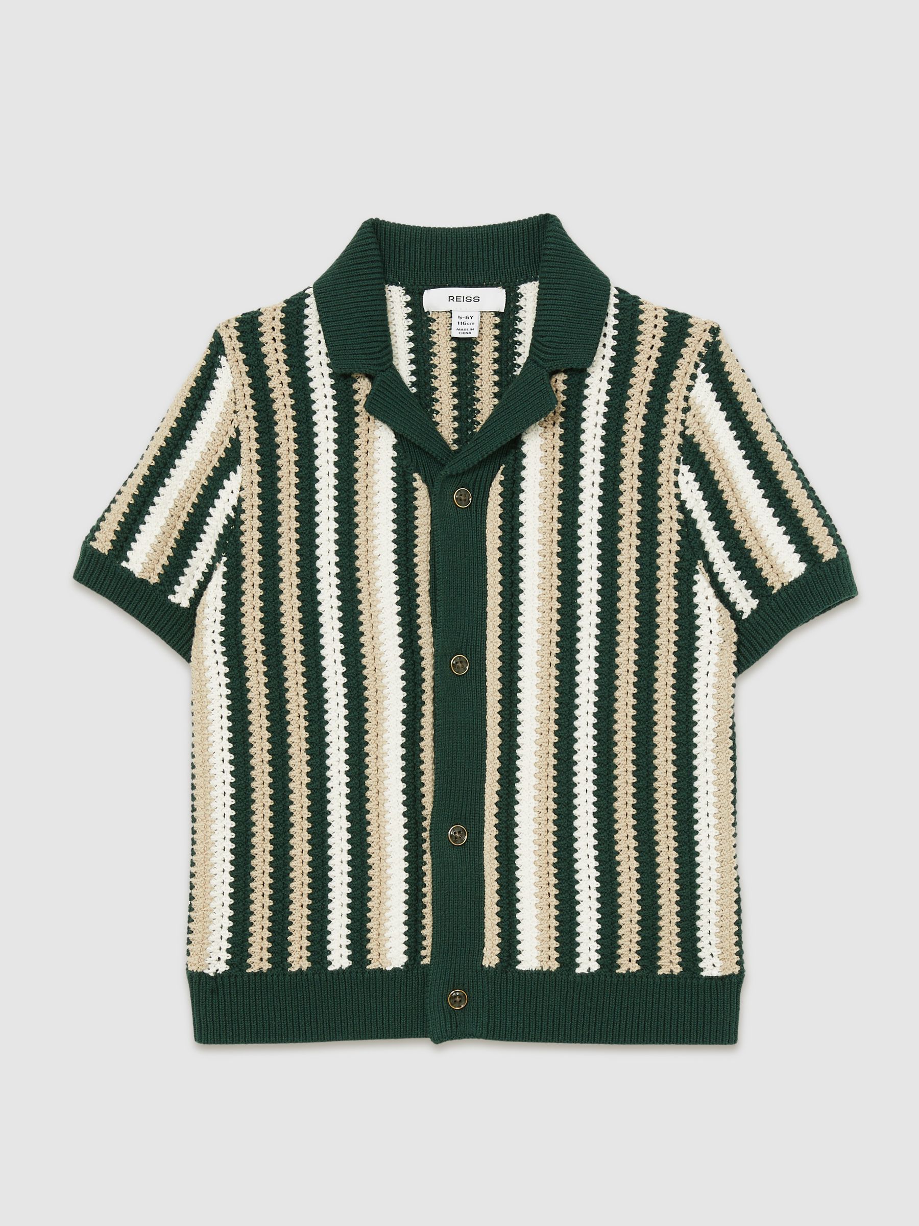 3-9 yrs Cotton Crochet Stripe Cuban Shirt in Green - Image 2 of 4