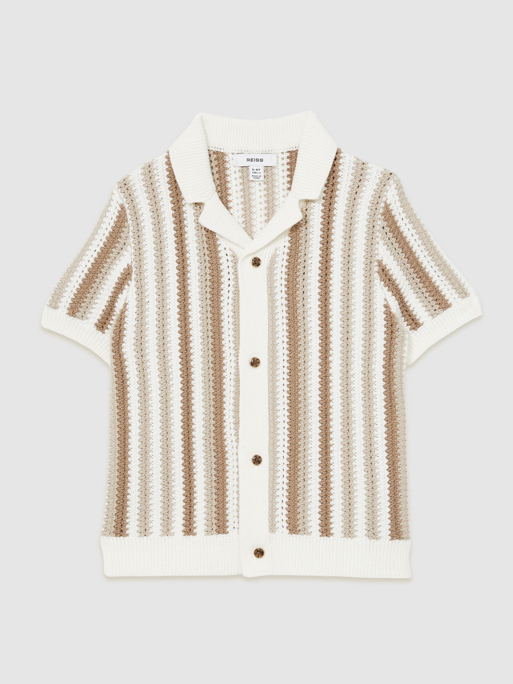 9-13 yrs Cotton Crochet Stripe Cuban Shirt in Natural - Image 2 of 4