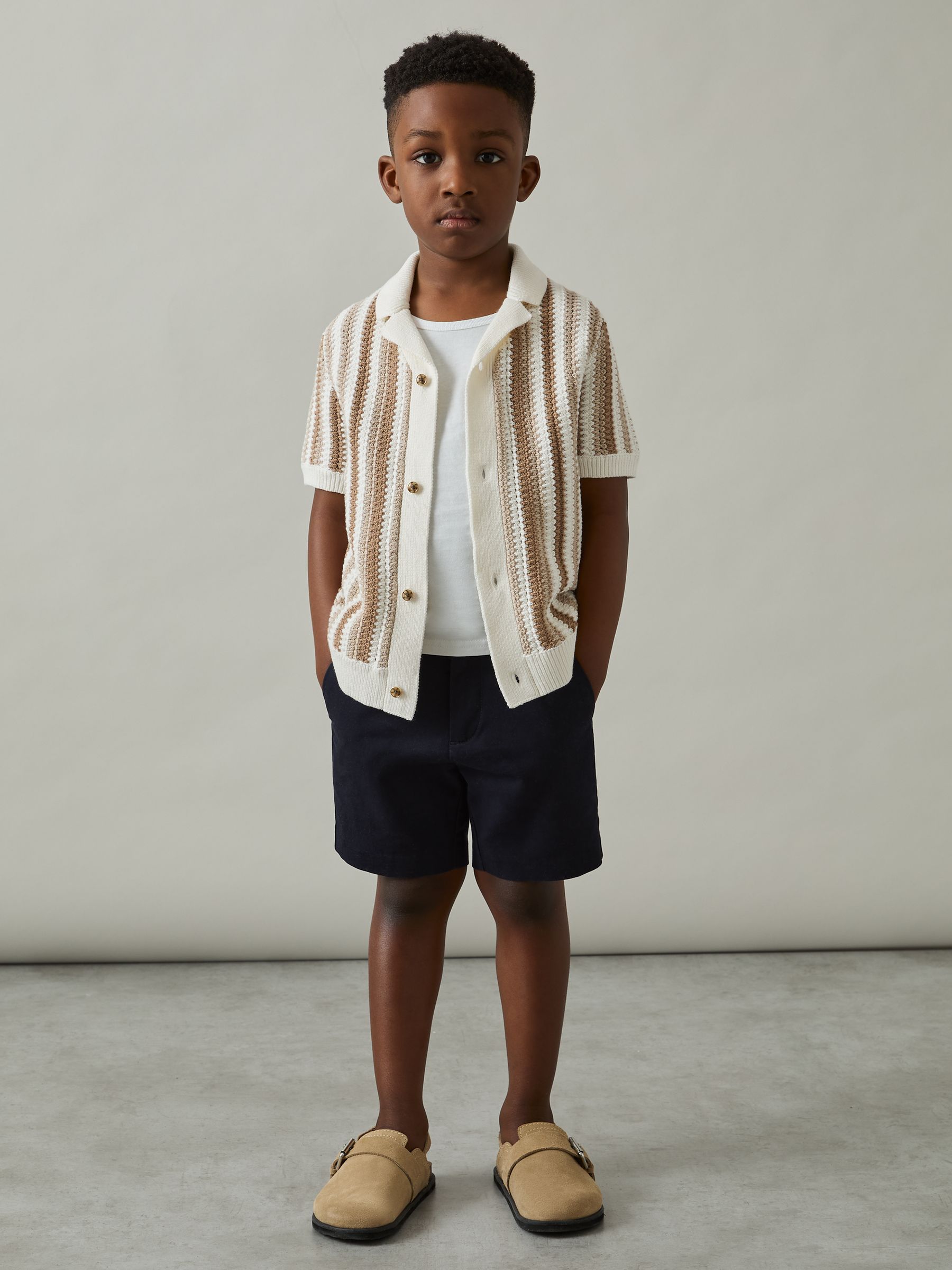 9-13 yrs Cotton Crochet Stripe Cuban Shirt in Natural - Image 3 of 4
