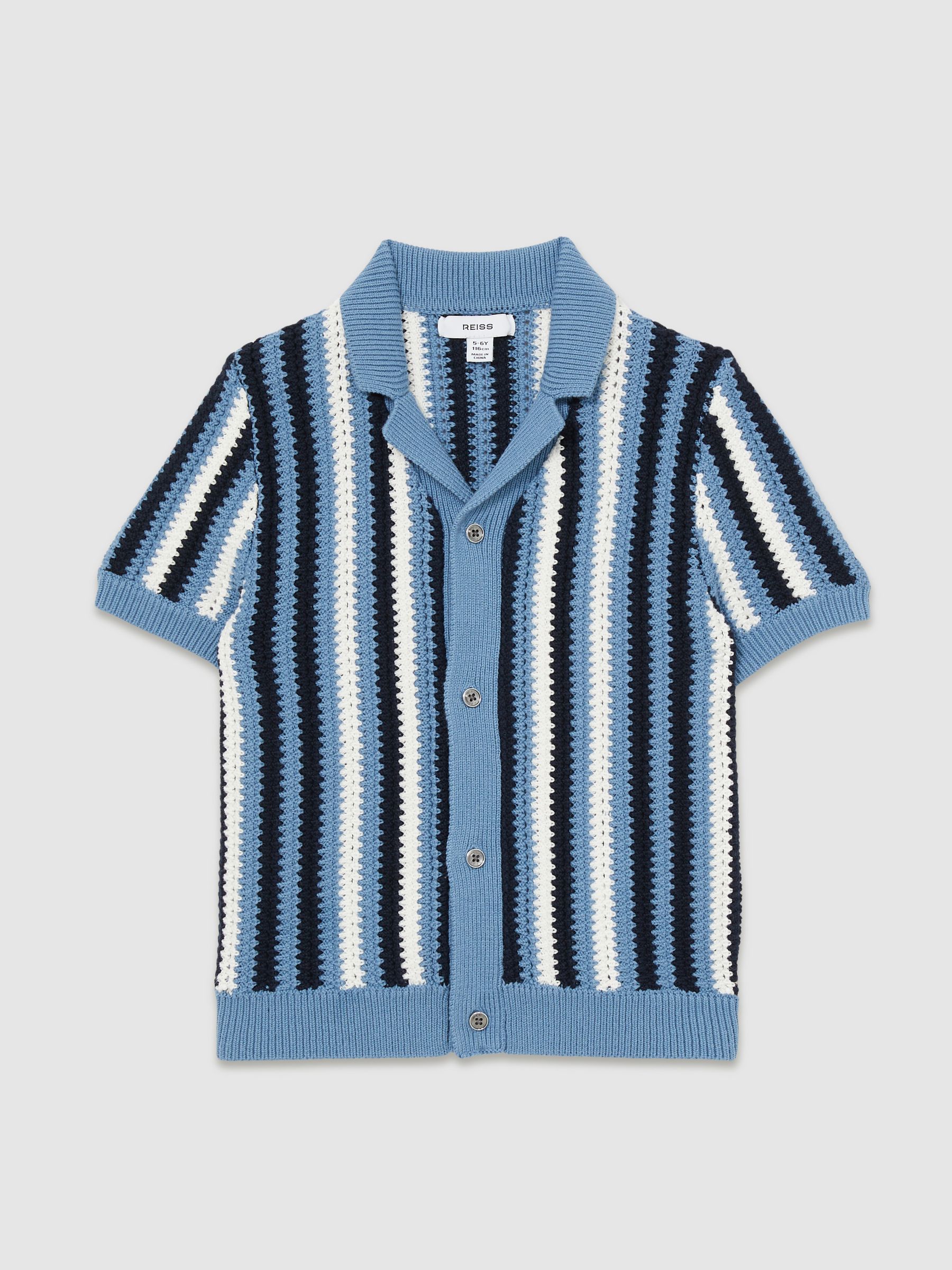 3-9 yrs Cotton Crochet Stripe Cuban Shirt in Airforce Blue - Image 2 of 4