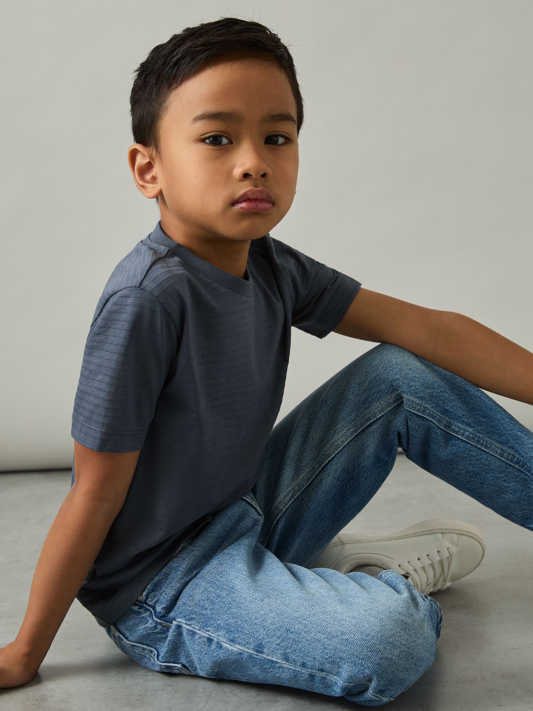 9-13 yrs Cotton Textured Crew-Neck T-Shirt in Airforce Blue - Image 1 of 5