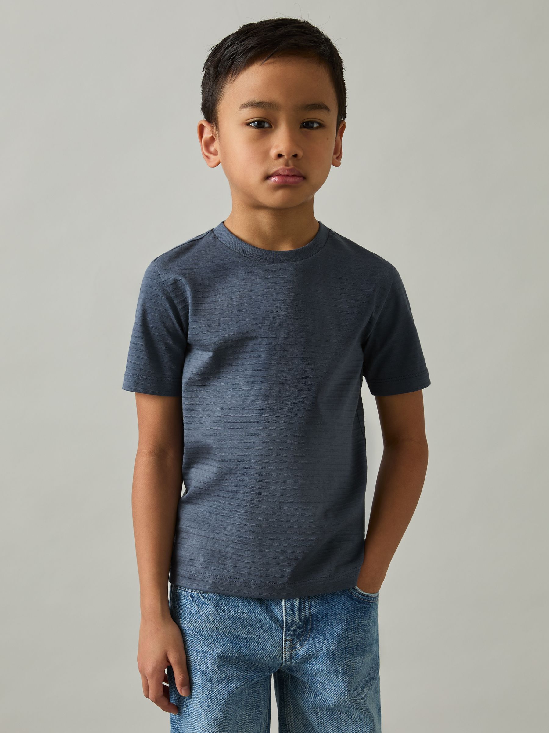 9-13 yrs Cotton Textured Crew-Neck T-Shirt in Airforce Blue - Image 3 of 5