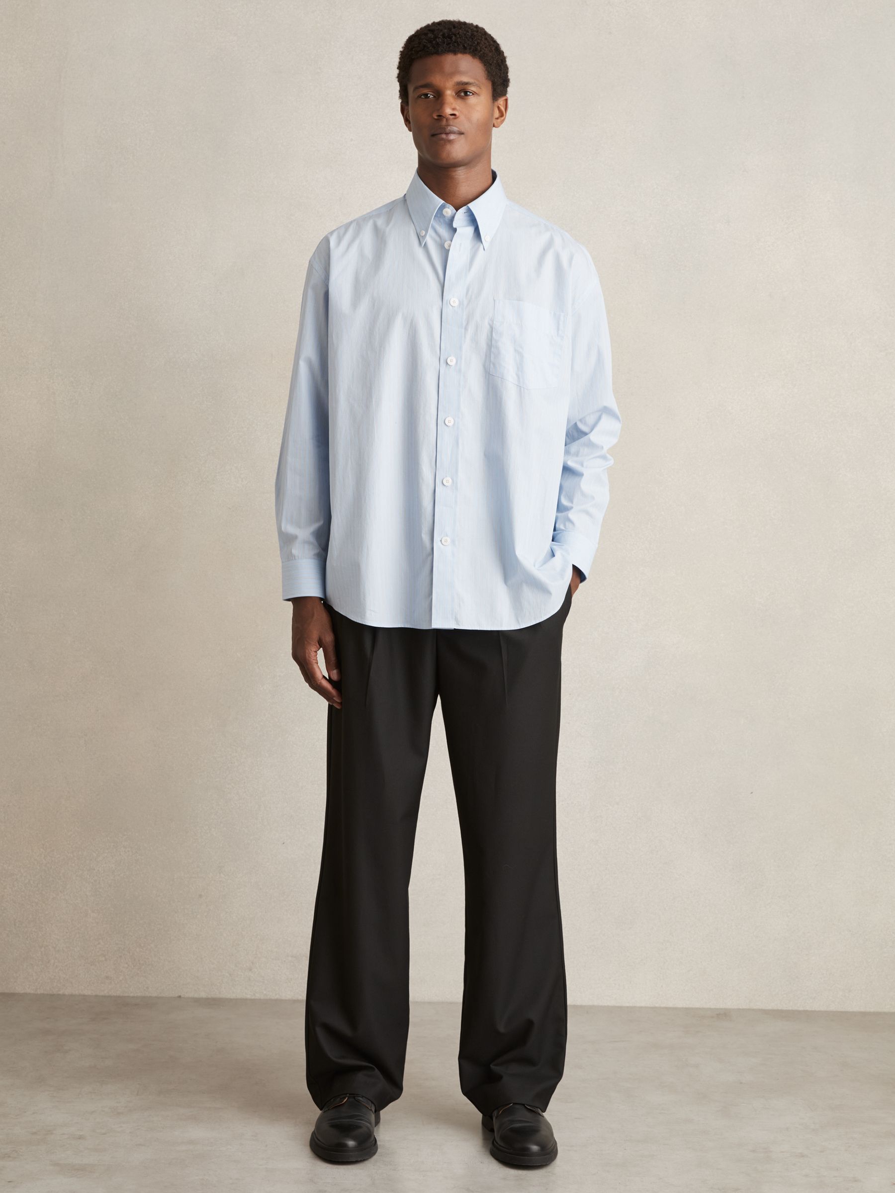 Oversized Poplin Stripe 100% Cotton Shirt in Soft Blue/White - Image 3 of 6