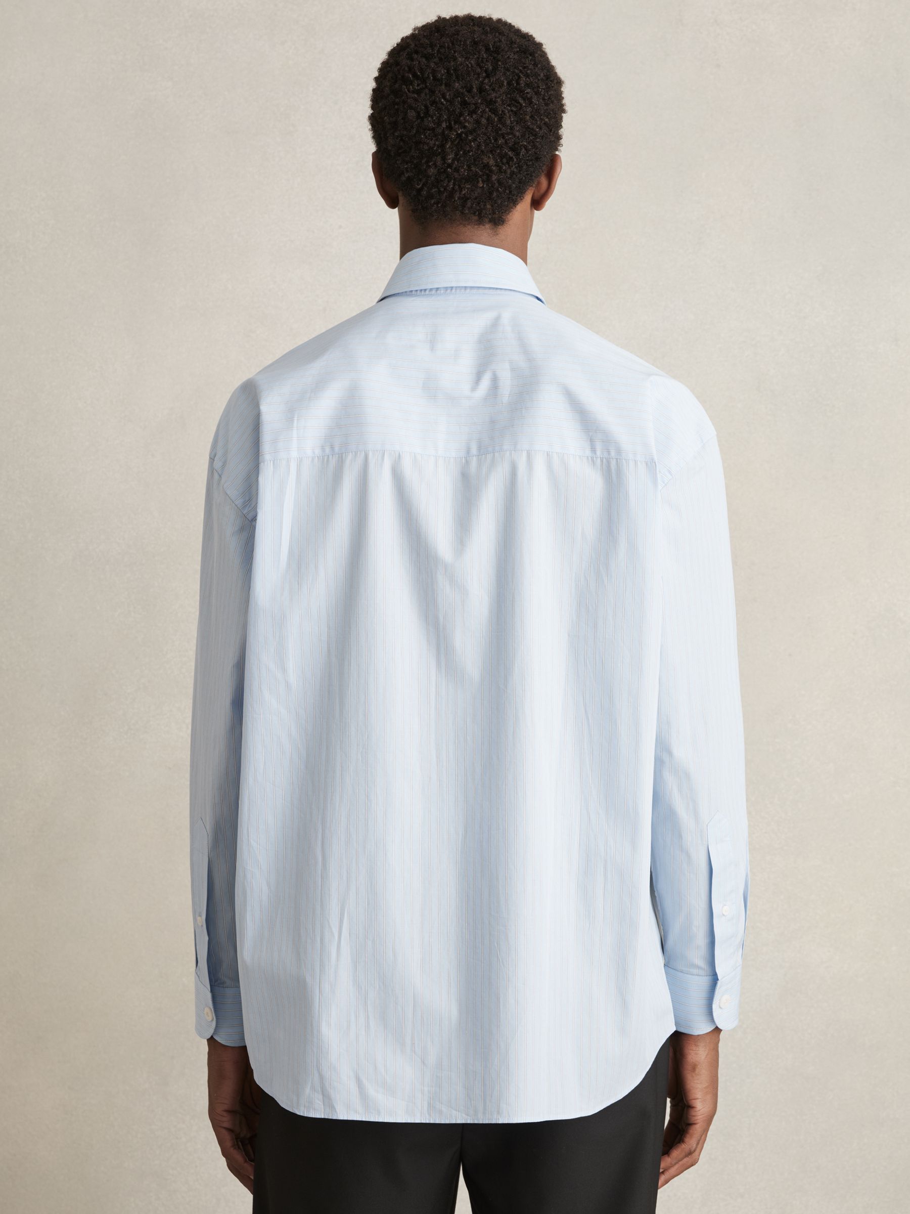 Oversized Poplin Stripe 100% Cotton Shirt in Soft Blue/White - Image 5 of 6