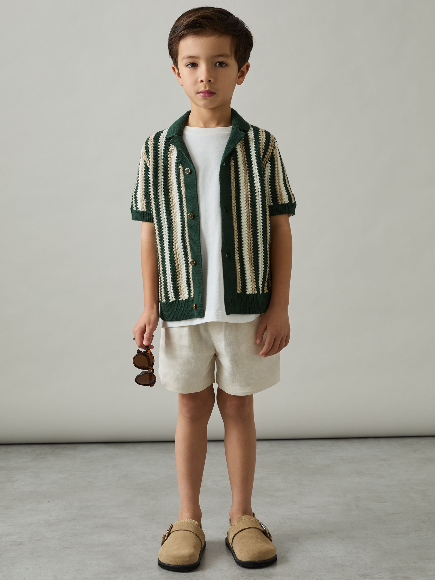 9-13 yrs Cotton Crochet Stripe Cuban Shirt in Green - Image 3 of 4