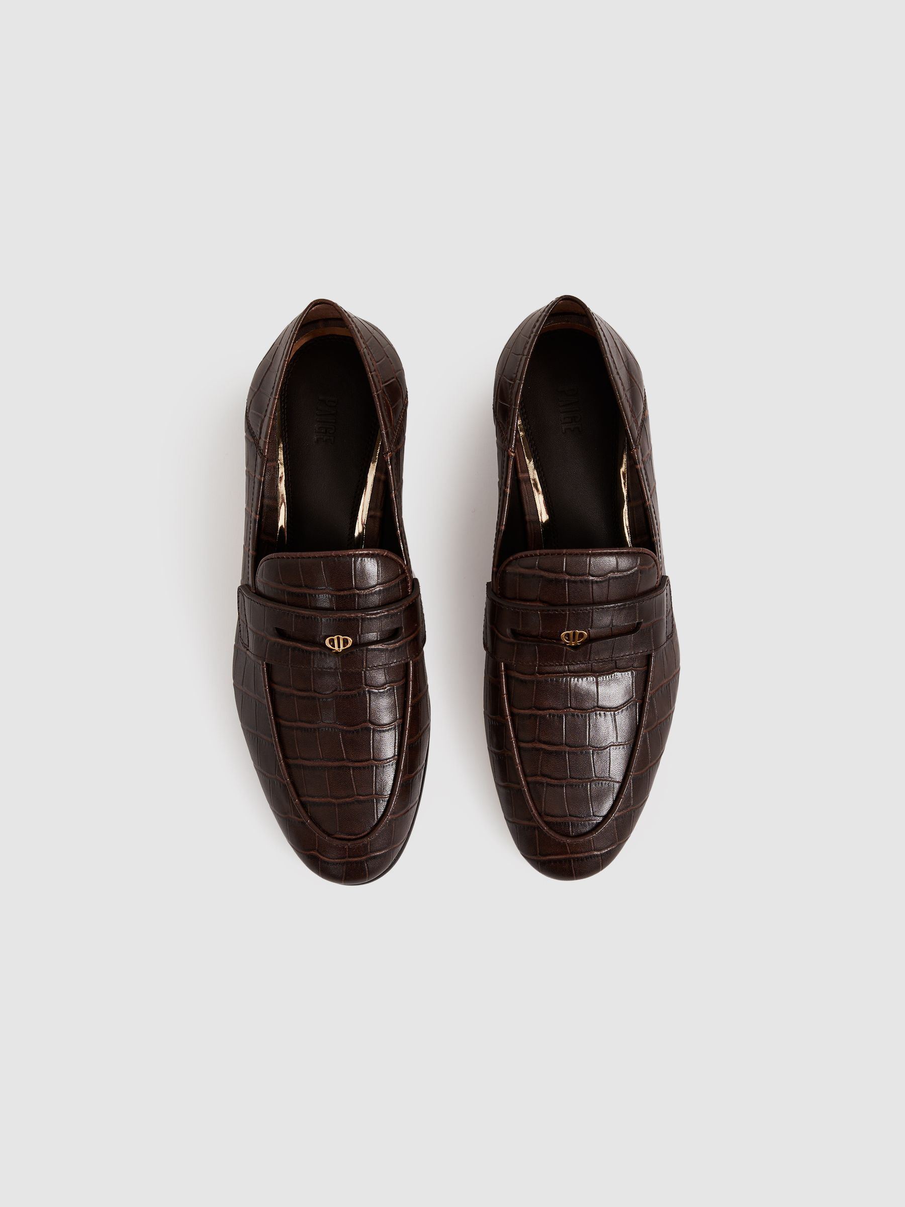 Paige Leather Crocodile-Embossed Penny Loafers in Chocolate - Image 2 of 4