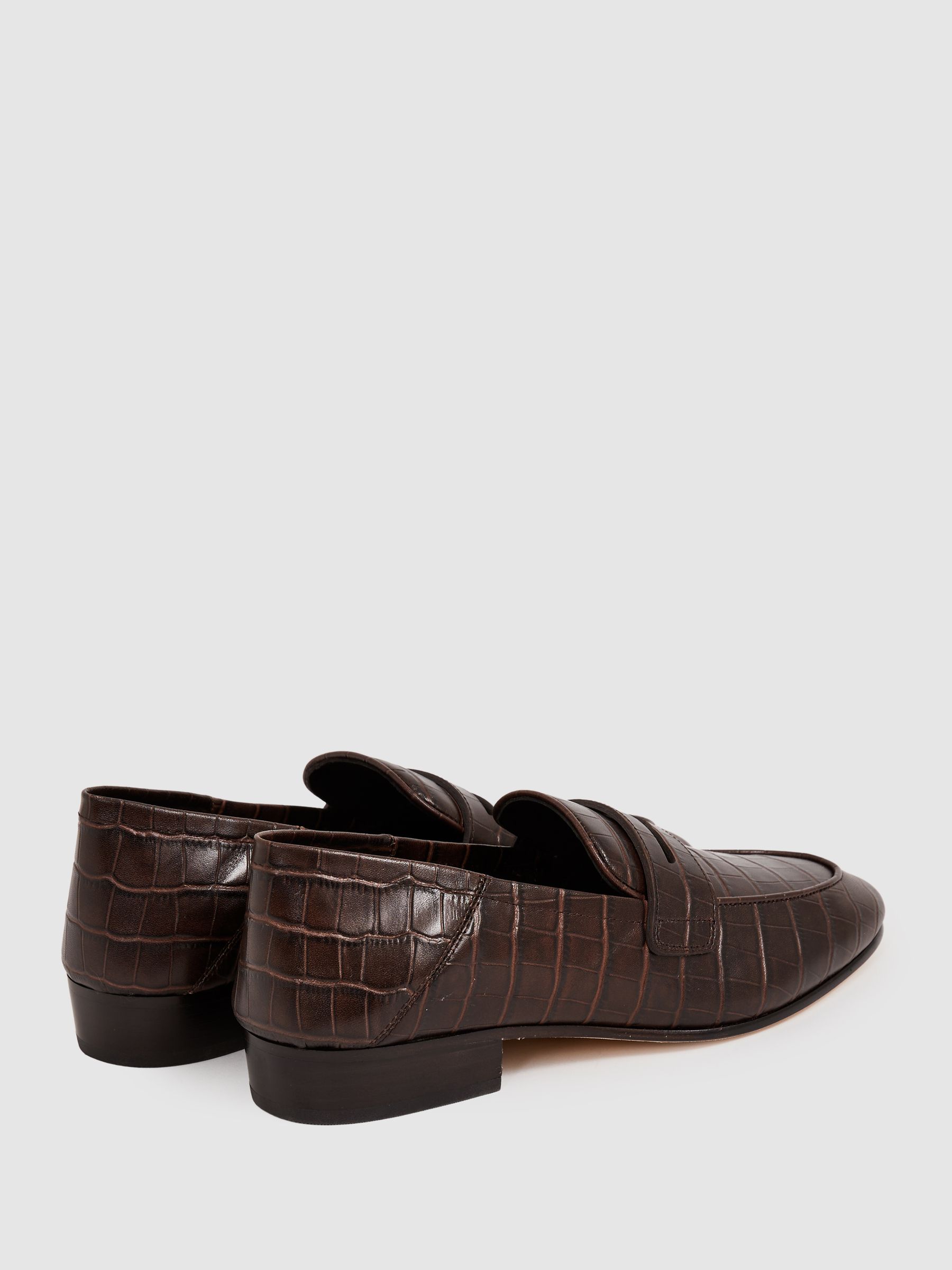 Paige Leather Crocodile-Embossed Penny Loafers in Chocolate - Image 3 of 4