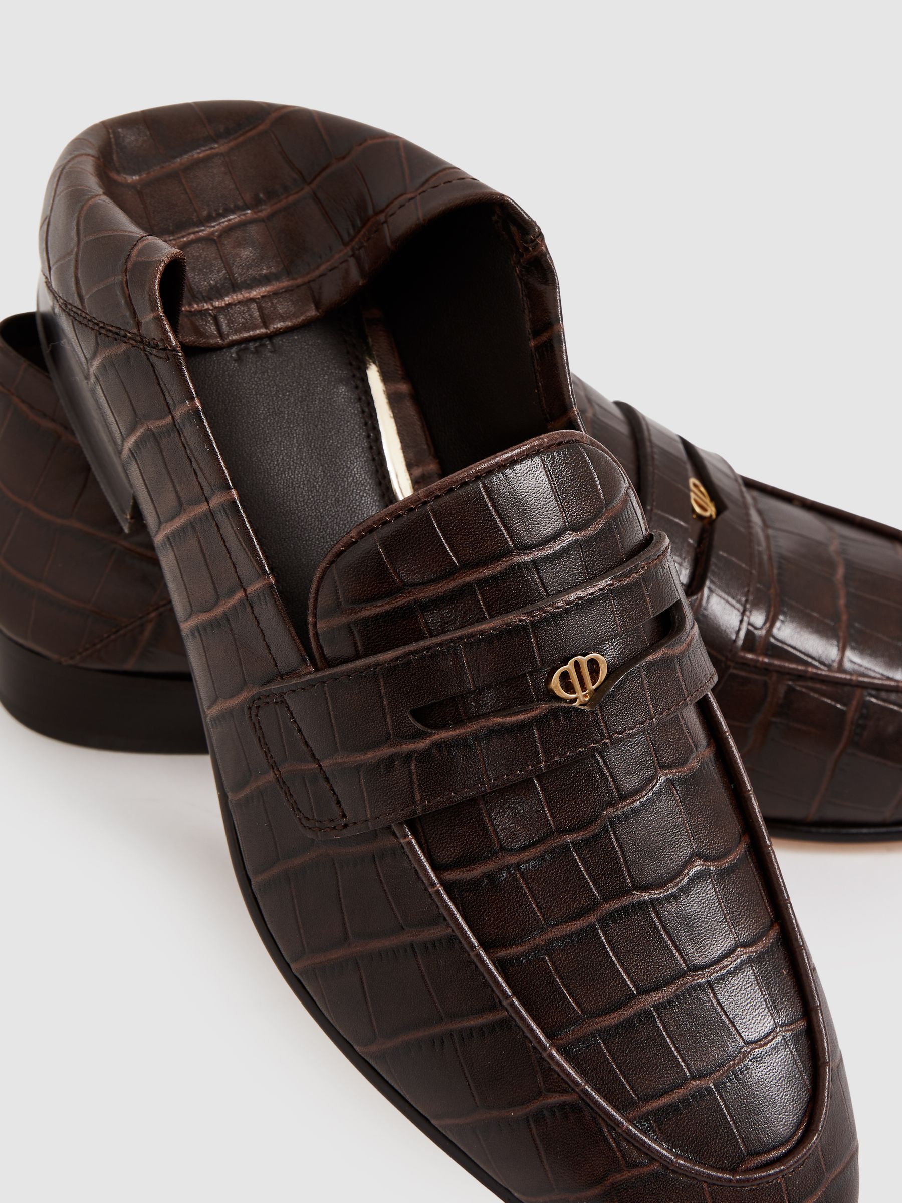 Paige Leather Crocodile-Embossed Penny Loafers in Chocolate - Image 4 of 4