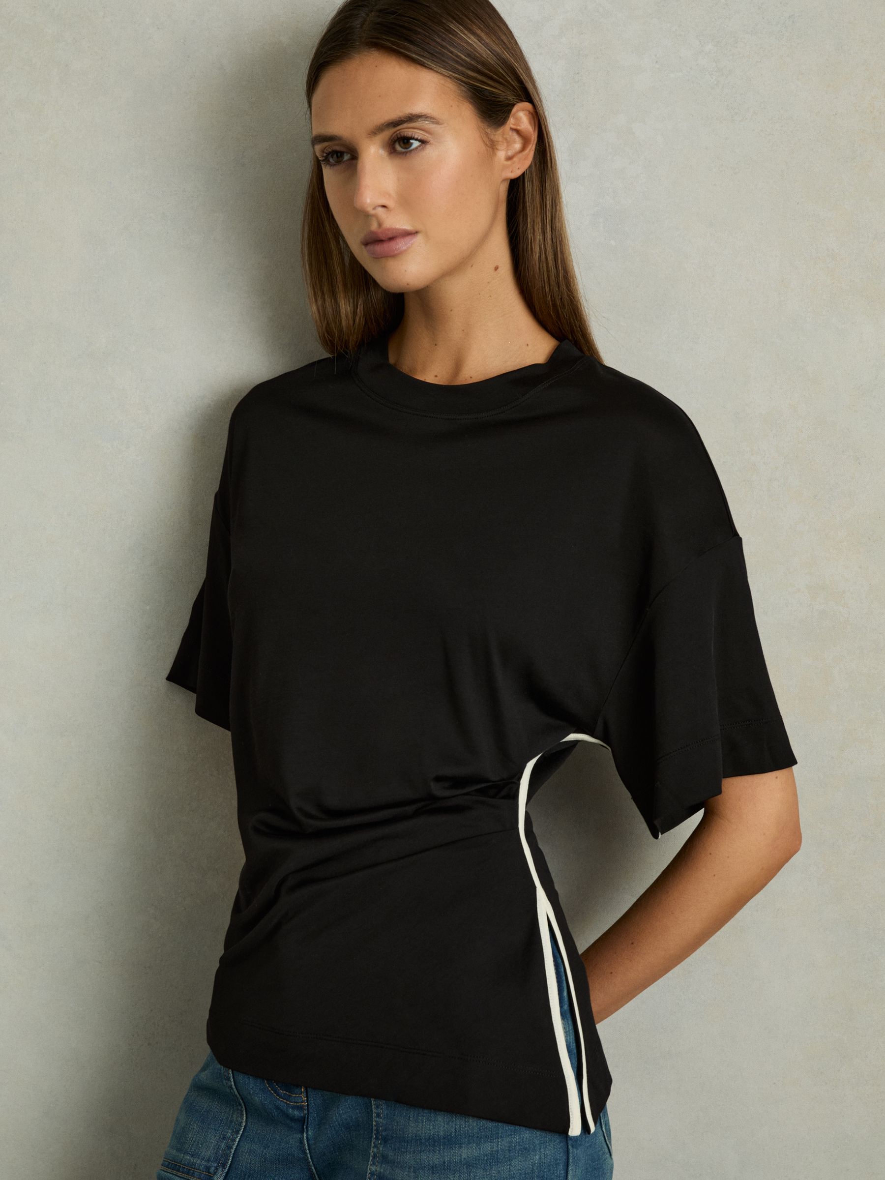 Draped Crew-Neck T-Shirt With Cotton in Cream/Black - Image 3 of 6
