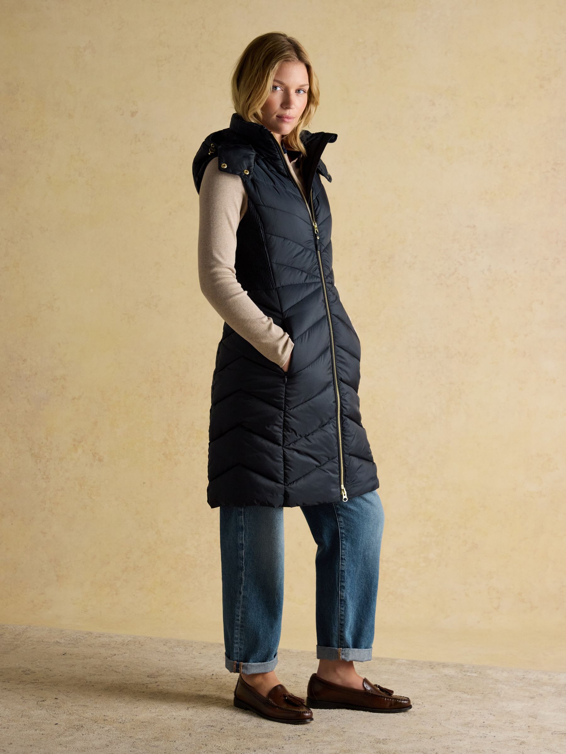 Pembury Navy Longline Showerproof Padded Gilet with Hood - Image 3 of 13