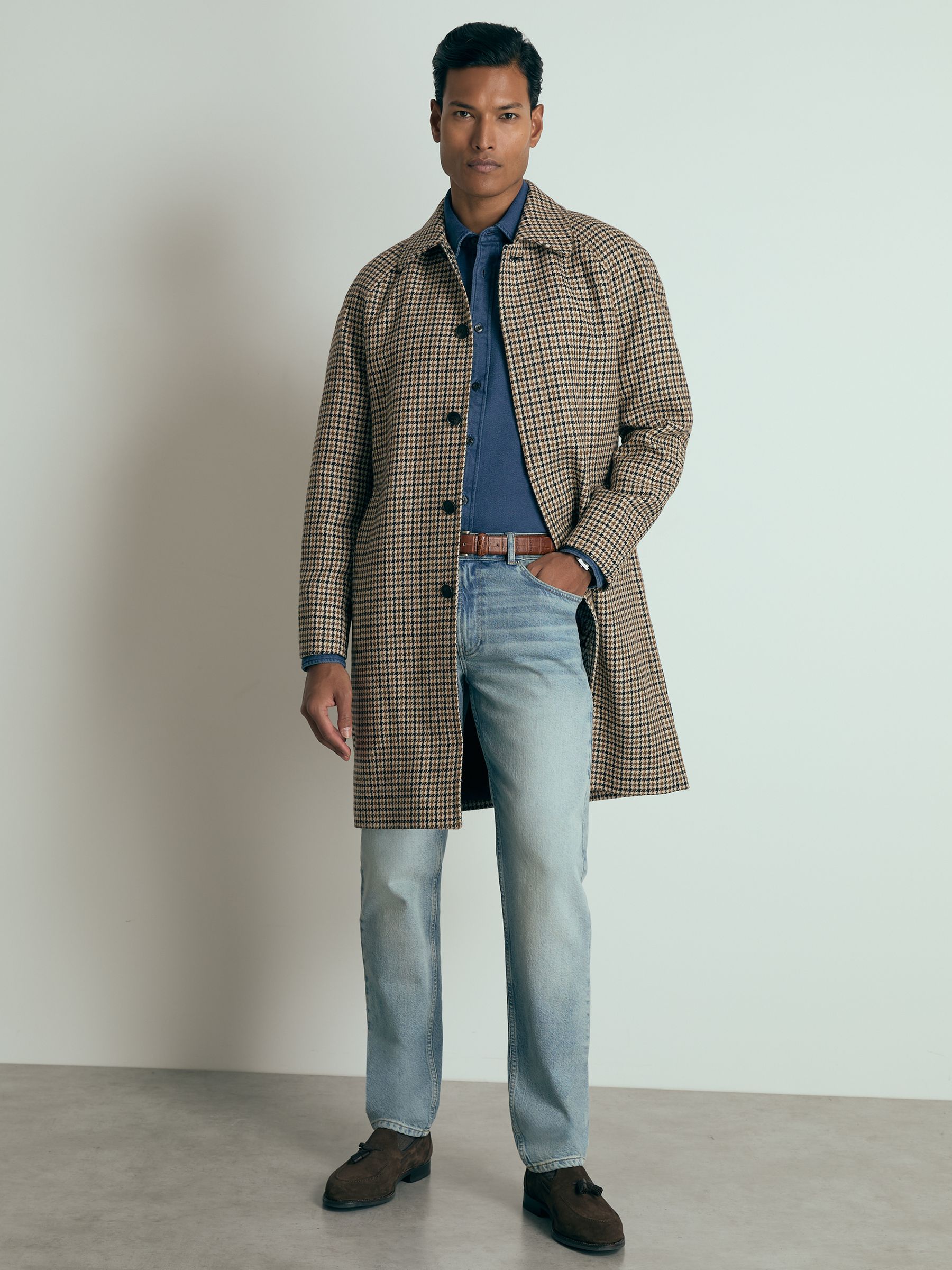 Reiss Atelier Houndstooth-Check Raglan Overcoat in Brown | REISS