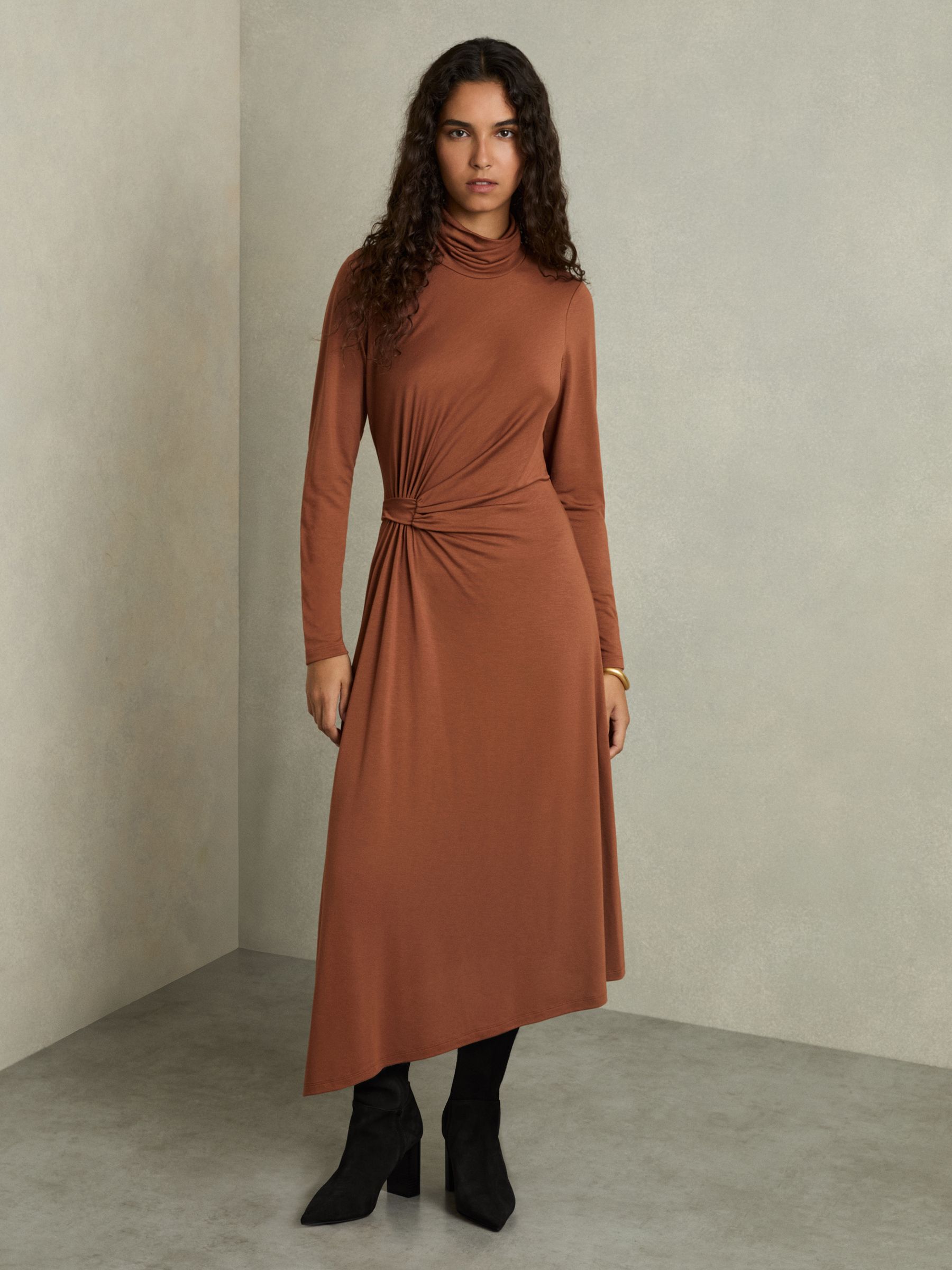 Draped Jersey Midi Dress in Camel - Image 1 of 5