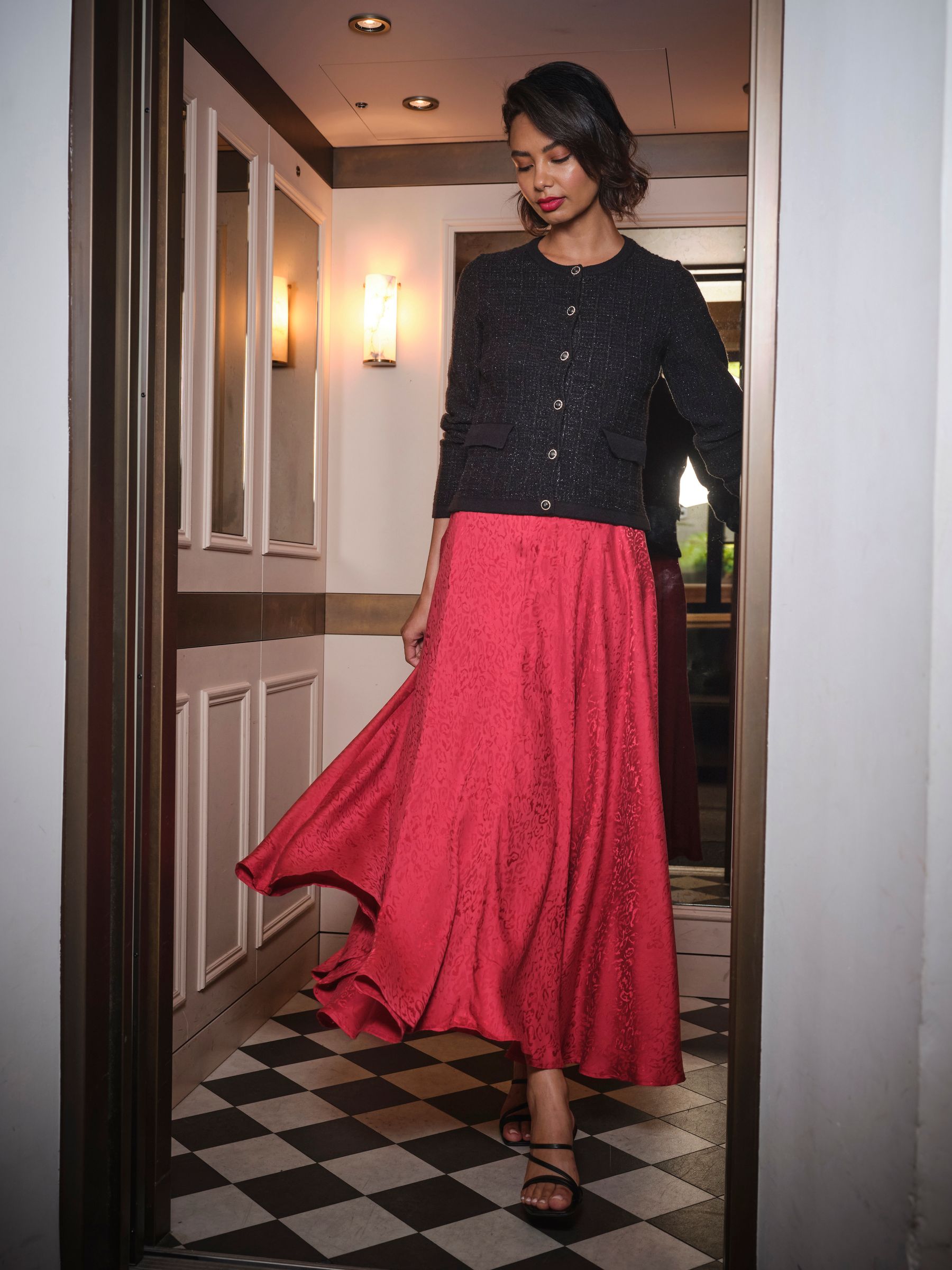 Malia Red Jacquard Midi Skirt - Image 1 of 5