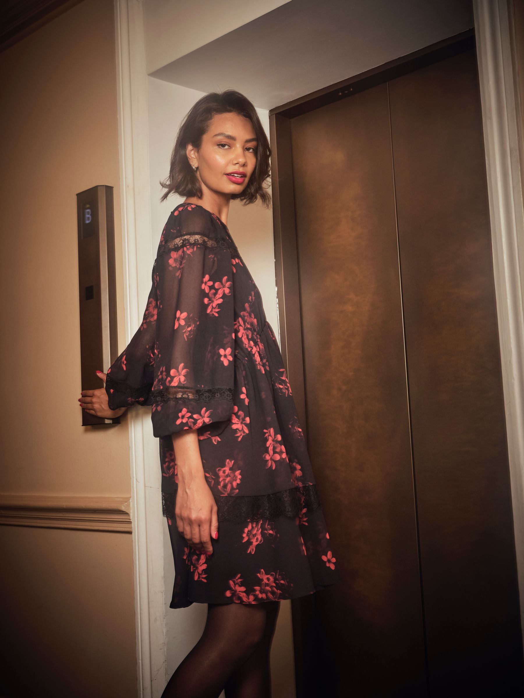 Romy Black Floral Regular Mini Dress | FatFace