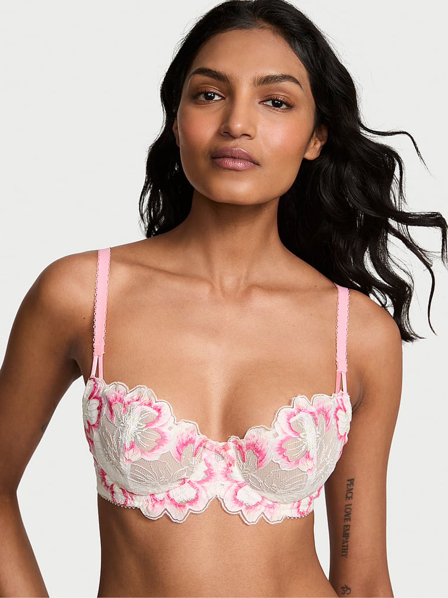 Pink & White Unlined Balcony Peony Embroidery Bra - Image 1 of 2