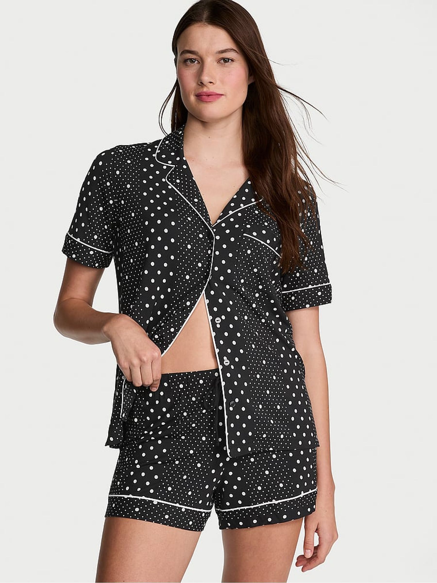 Black Dotted Stripe Modal Short Pyjama Set - Image 1 of 2