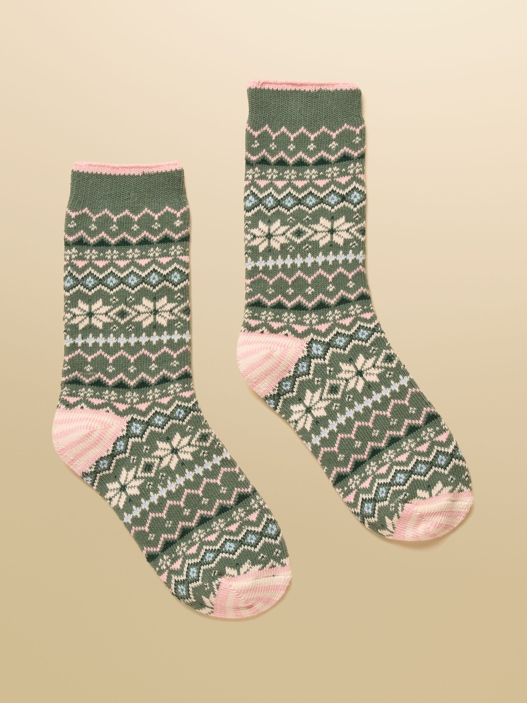 Women's Lucille Green & Pink Fair Isle Cotton Blend Socks (size 4-8) - Image 1 of 3