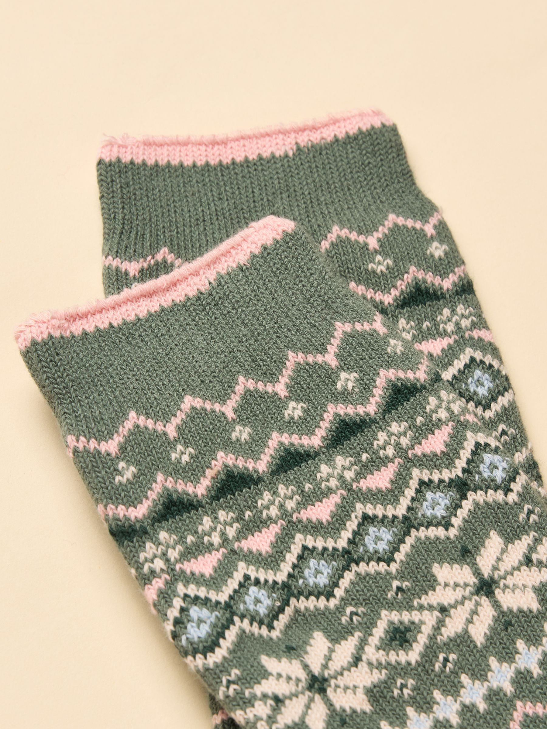 Women's Lucille Green & Pink Fair Isle Cotton Blend Socks (size 4-8) - Image 2 of 3