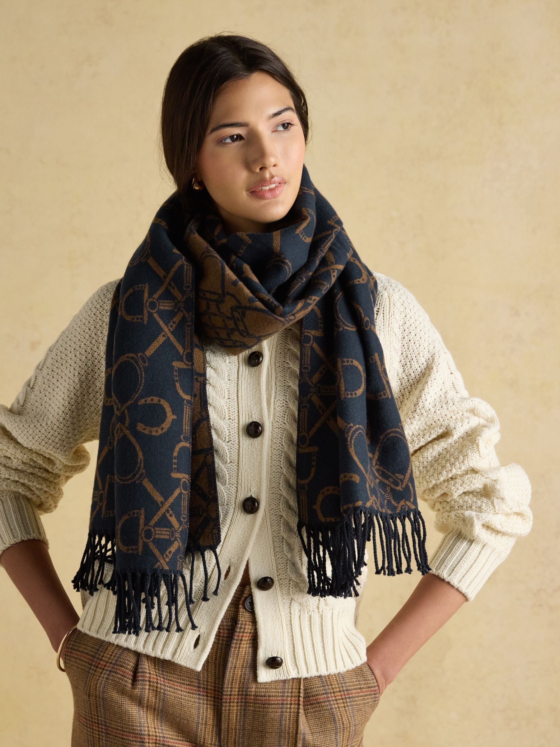 Elissa Navy & Tan Double-Sided Jacquard Patterned Scarf - Image 1 of 6 Elissa Navy & Tan Double-Sided Jacquard Patterned Scarf - Image 1 of 6