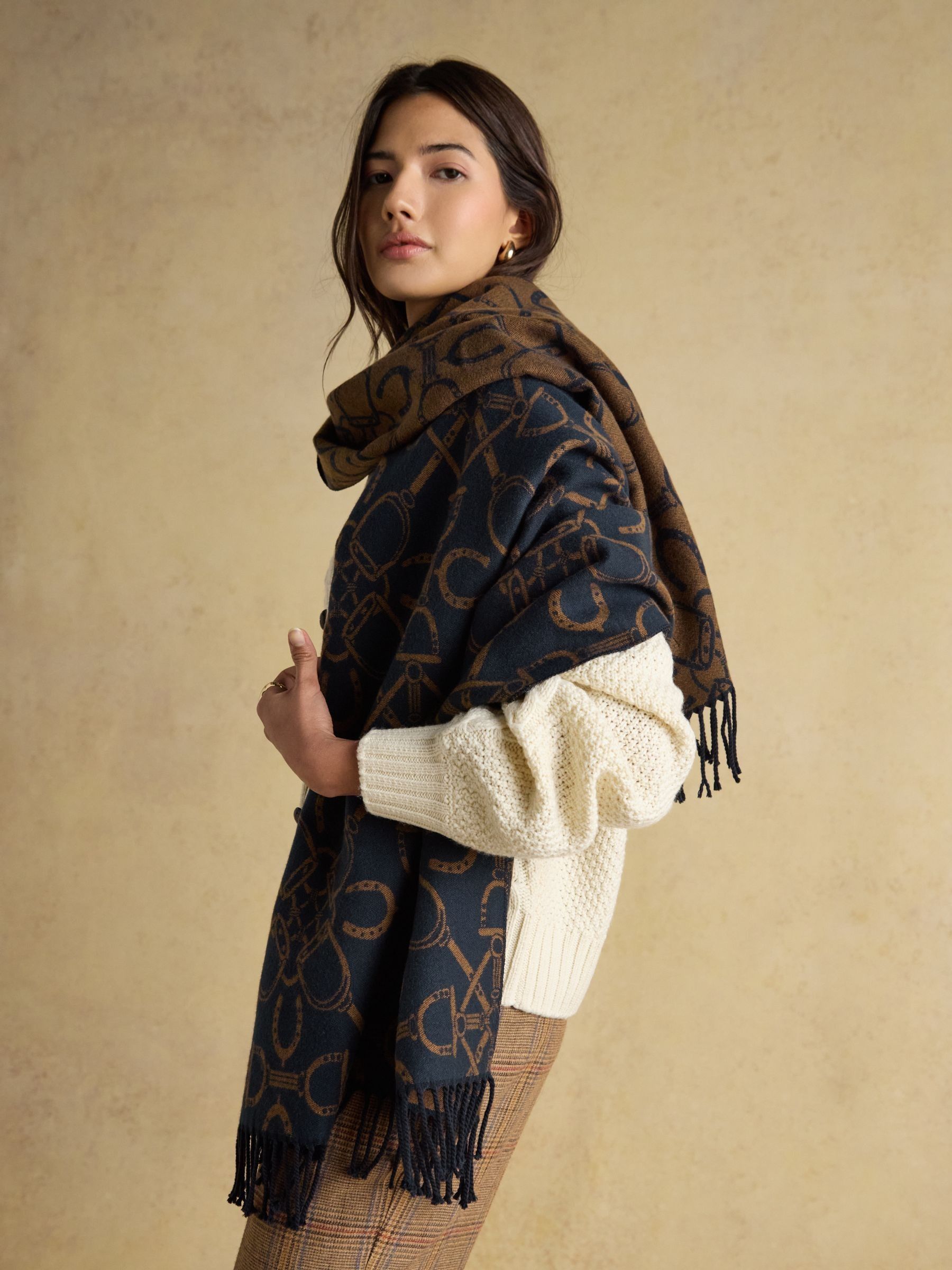 Elissa Navy & Tan Double-Sided Jacquard Patterned Scarf - Image 2 of 6 Elissa Navy & Tan Double-Sided Jacquard Patterned Scarf - Image 2 of 6