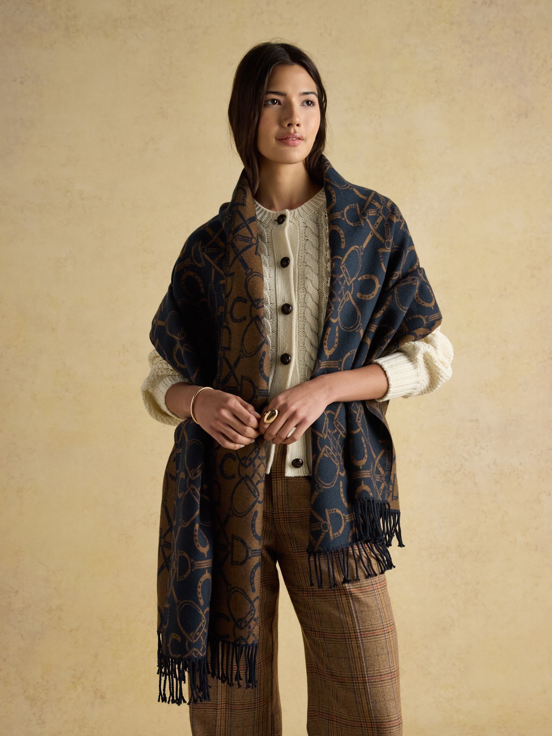 Elissa Navy & Tan Double-Sided Jacquard Patterned Scarf | Joules