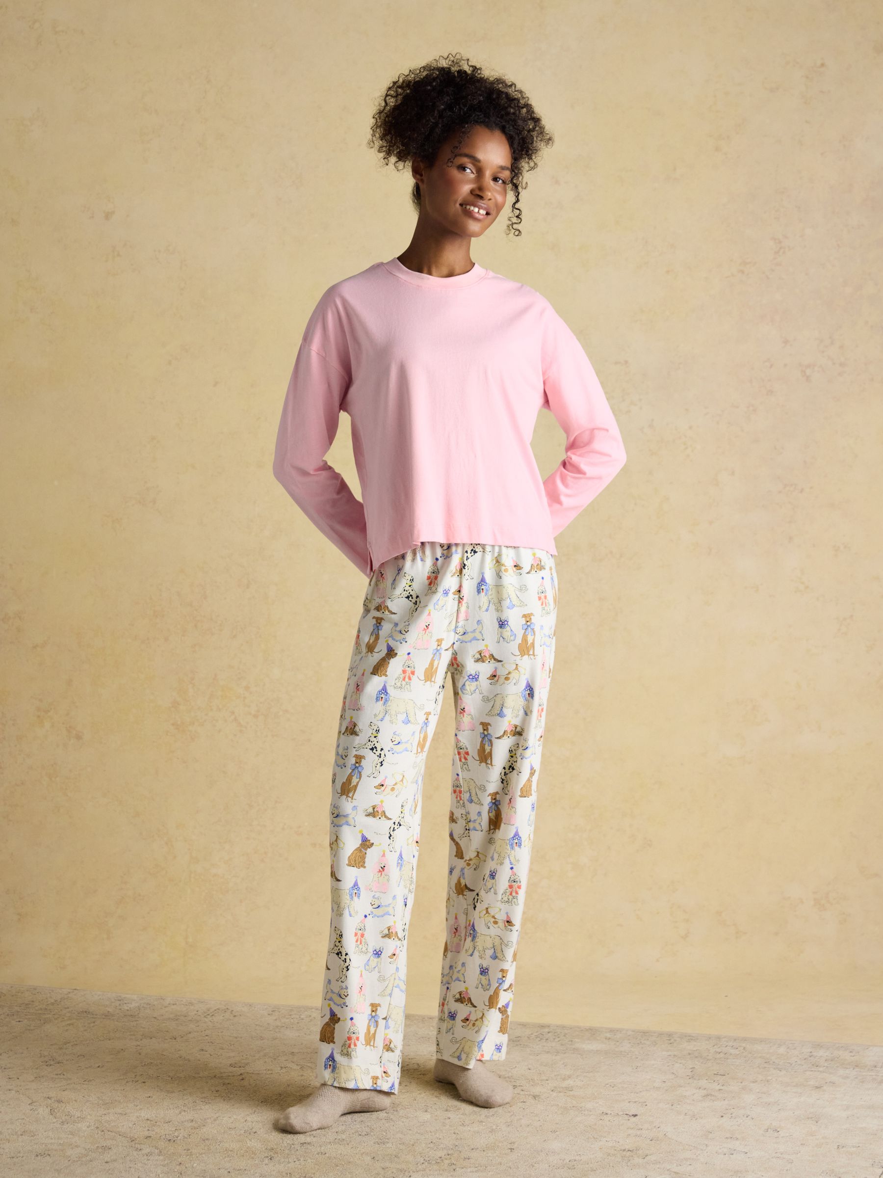 Lyla Pink & Cream Party Dogs Long Sleeve Jersey Cotton Pyjama Set - Image 1 of 8