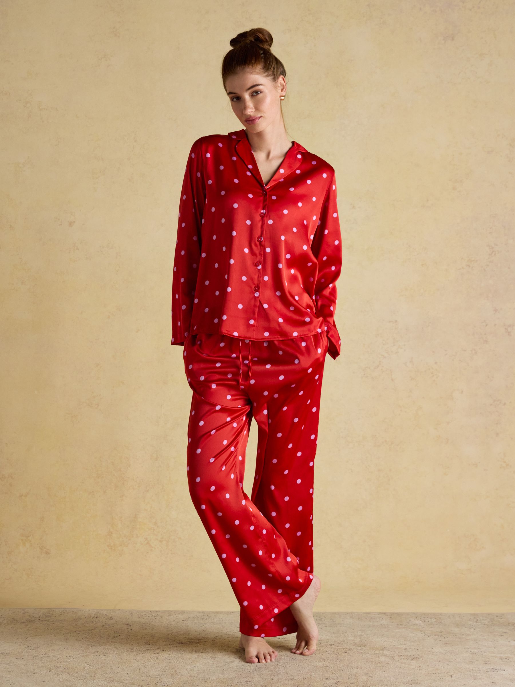 Bonnie Red & Pink Spot Satin Long Sleeve Pyjama Set - Image 1 of 8