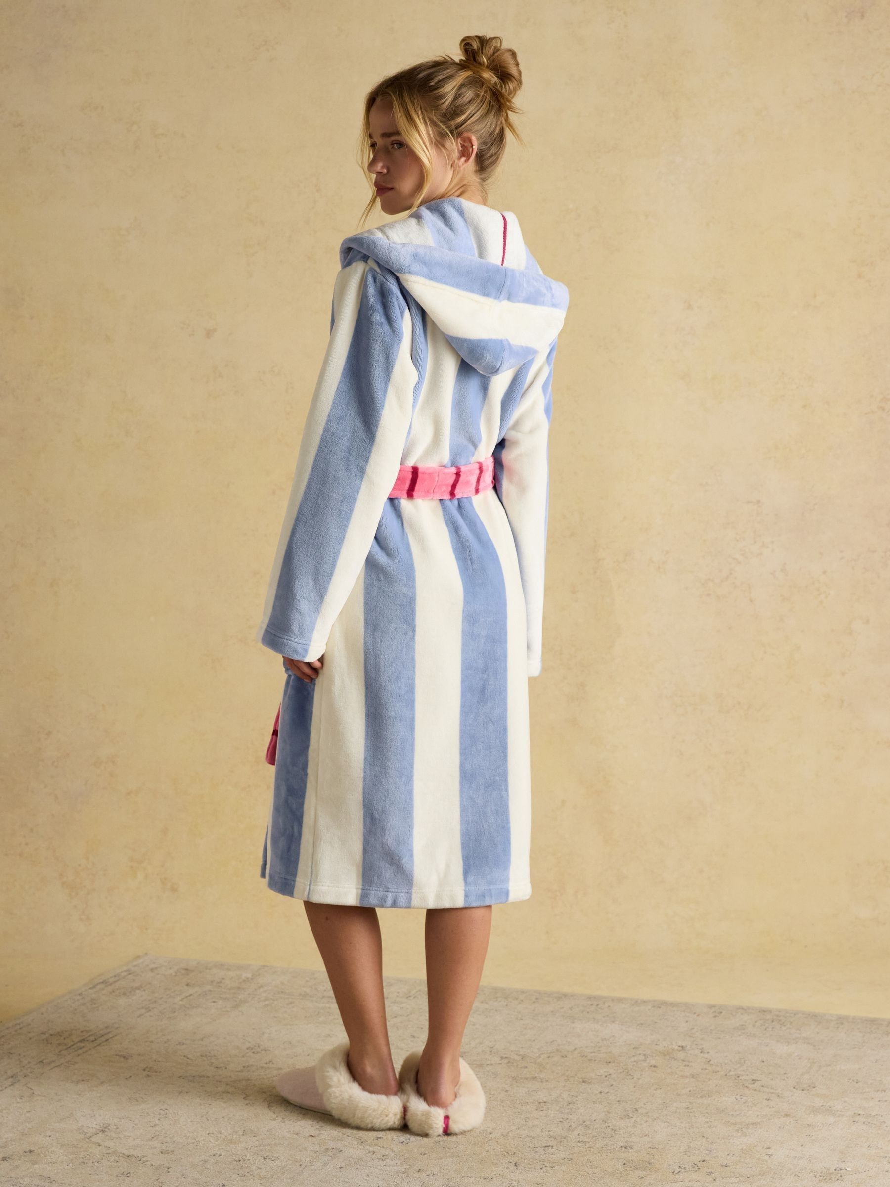 Luna Cream & Blue Stripe Fleece Dressing Gown with Hood - Image 2 of 8